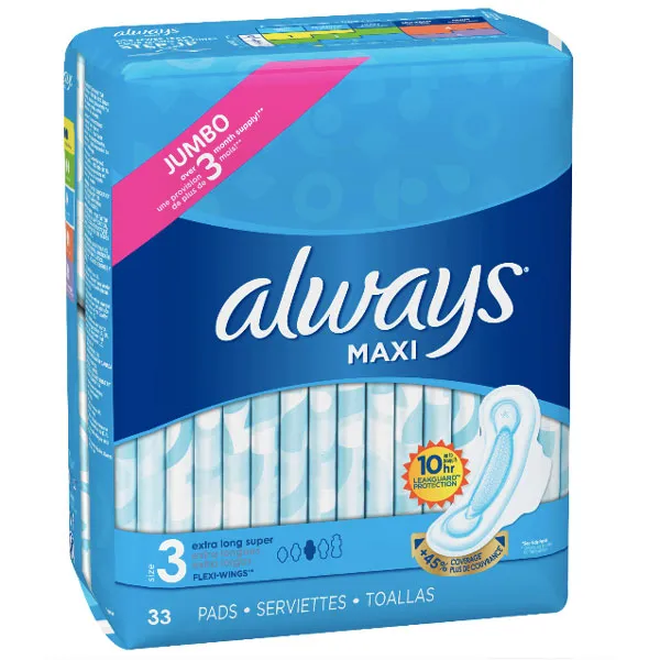 Always Maxi, Size 3, Extra Long Super Pads with Wings, 33 Ct