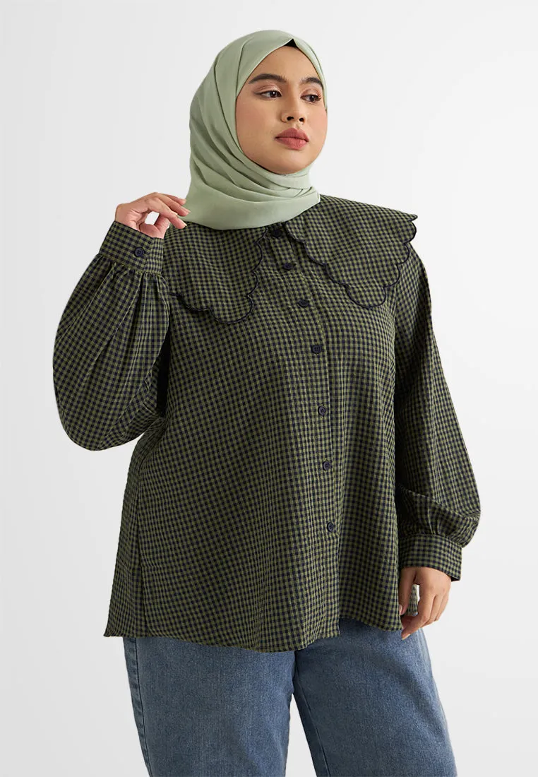 Angela Gingham Big Collar Button Blouse