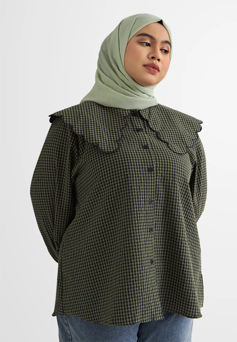 Angela Gingham Big Collar Button Blouse