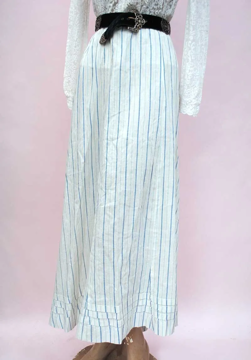 Antique Edwardian White and Blue Striped Cotton Skirt • Lace Trim Ruffles