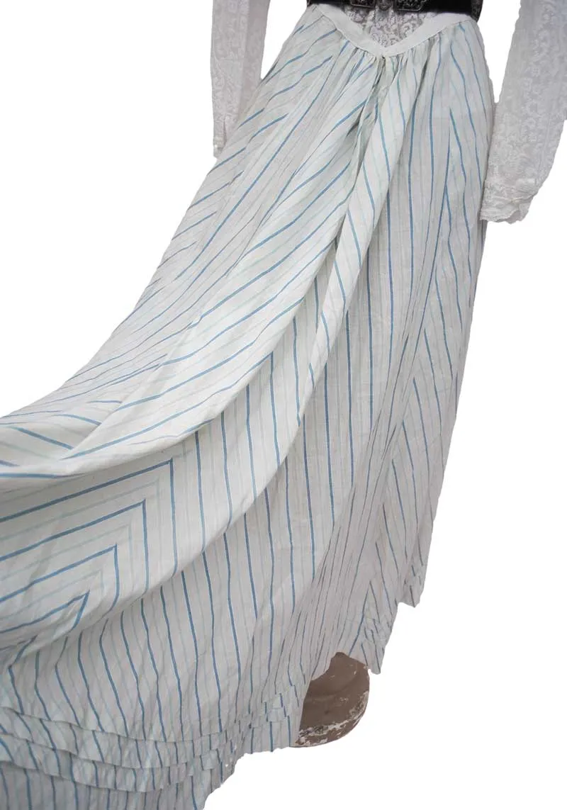 Antique Edwardian White and Blue Striped Cotton Skirt • Lace Trim Ruffles