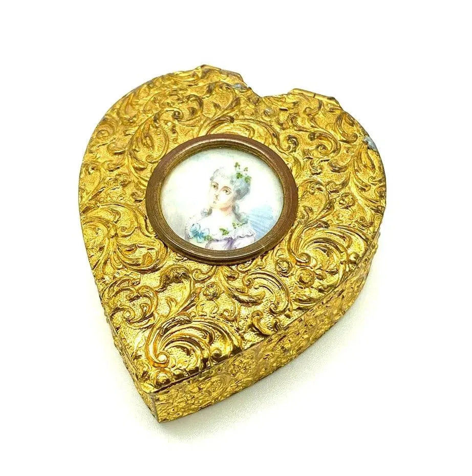 Antique French Miniature Portrait Heart Trinket Jewellery Box