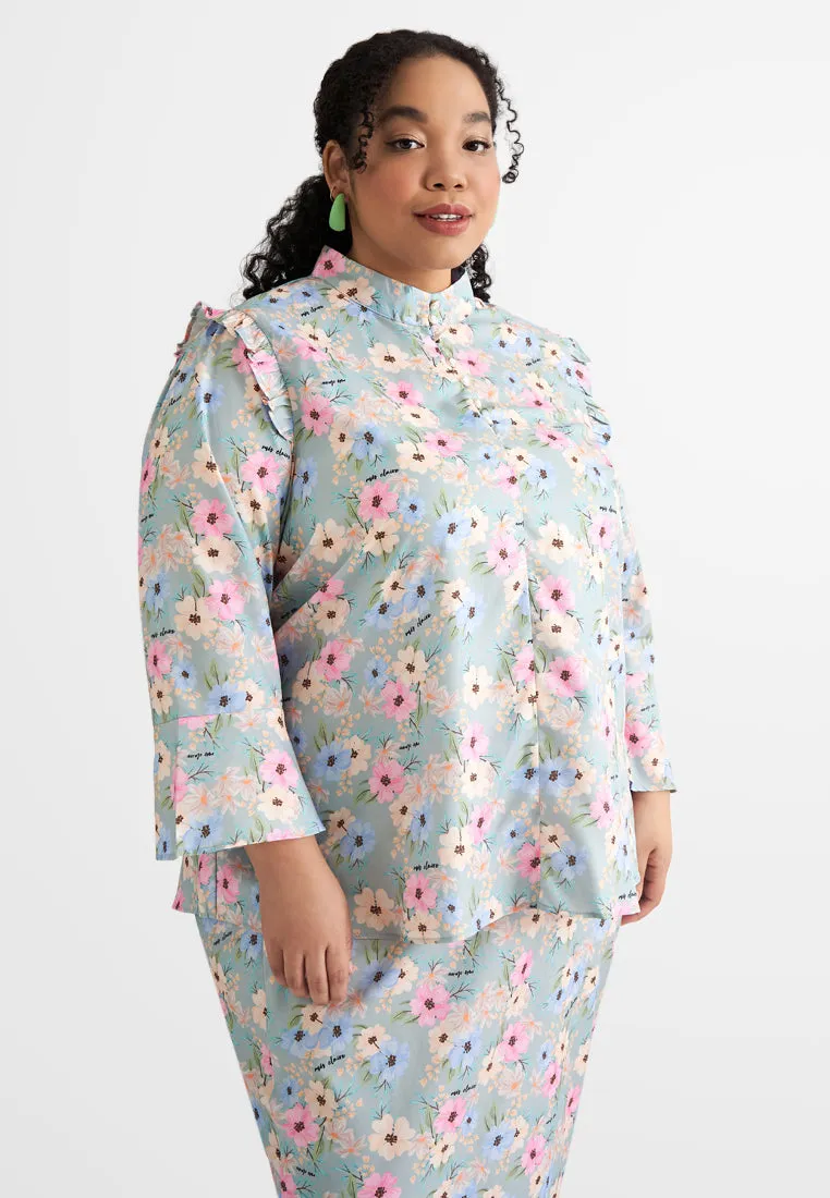 Anum High Collar Ruffles Floral Prints Kurung Set