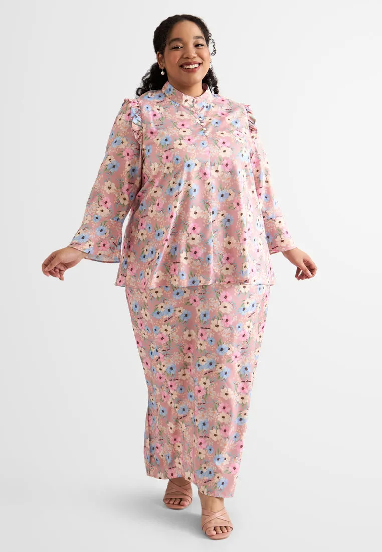 Anum High Collar Ruffles Floral Prints Kurung Set