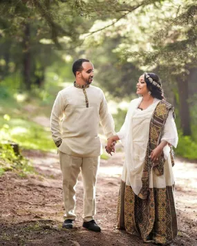 Artistry Unveiled: Handwoven Elegance in Habesha Couples' Outfit