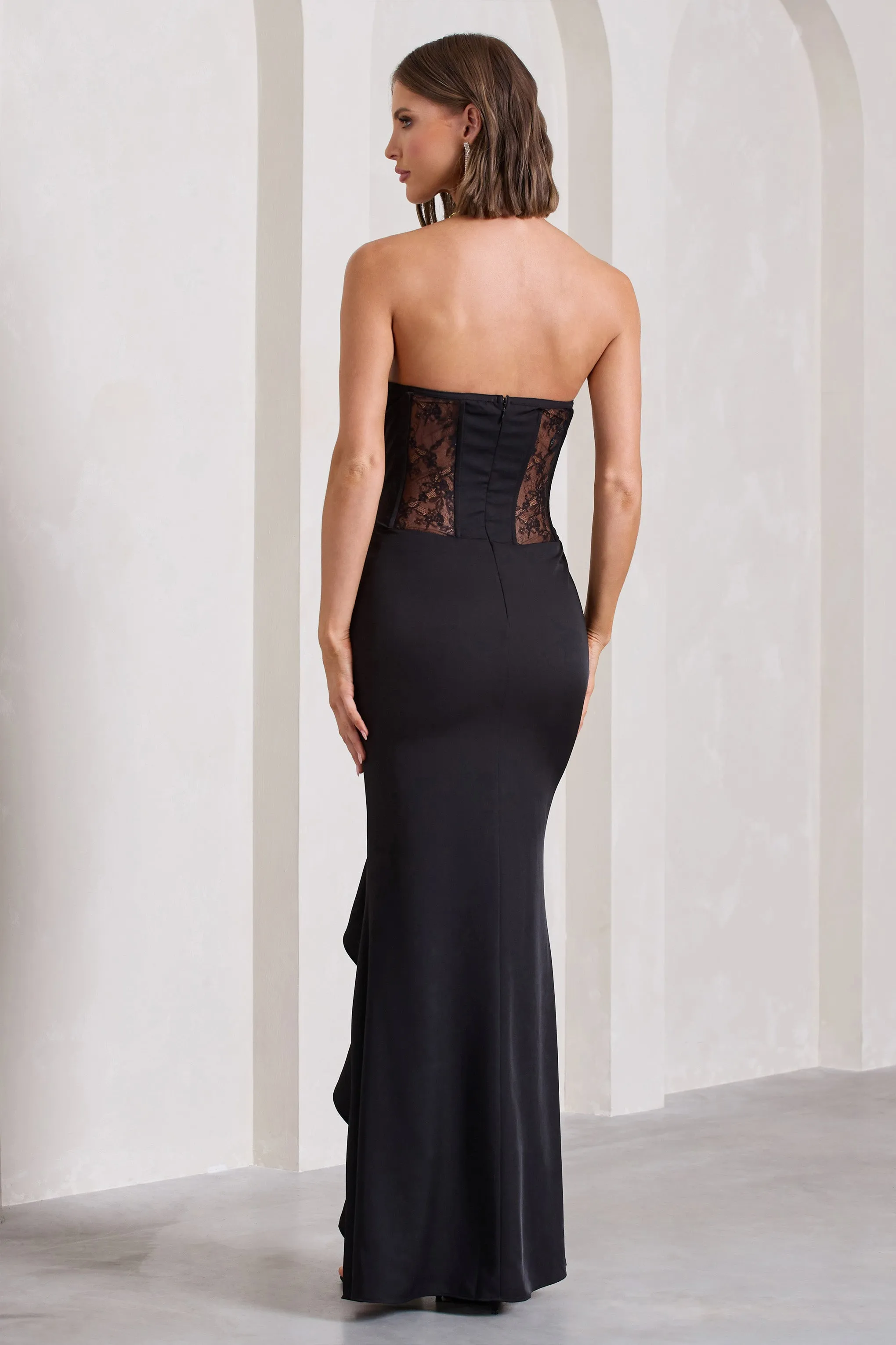 Attention Please | Black Strapless Lace Panelled Corset Split Maxi Dress