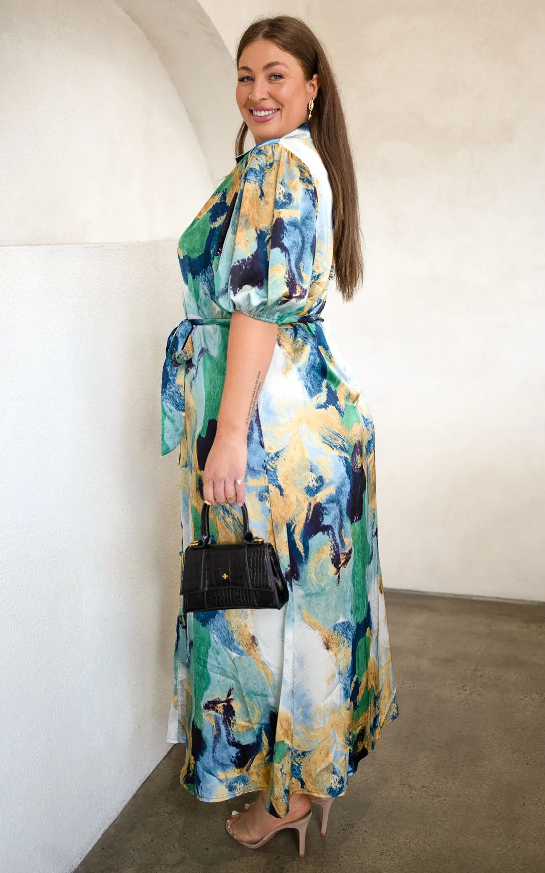 Augustine Short Sleeve Maxi Dress -  Blue Green Abstract Print