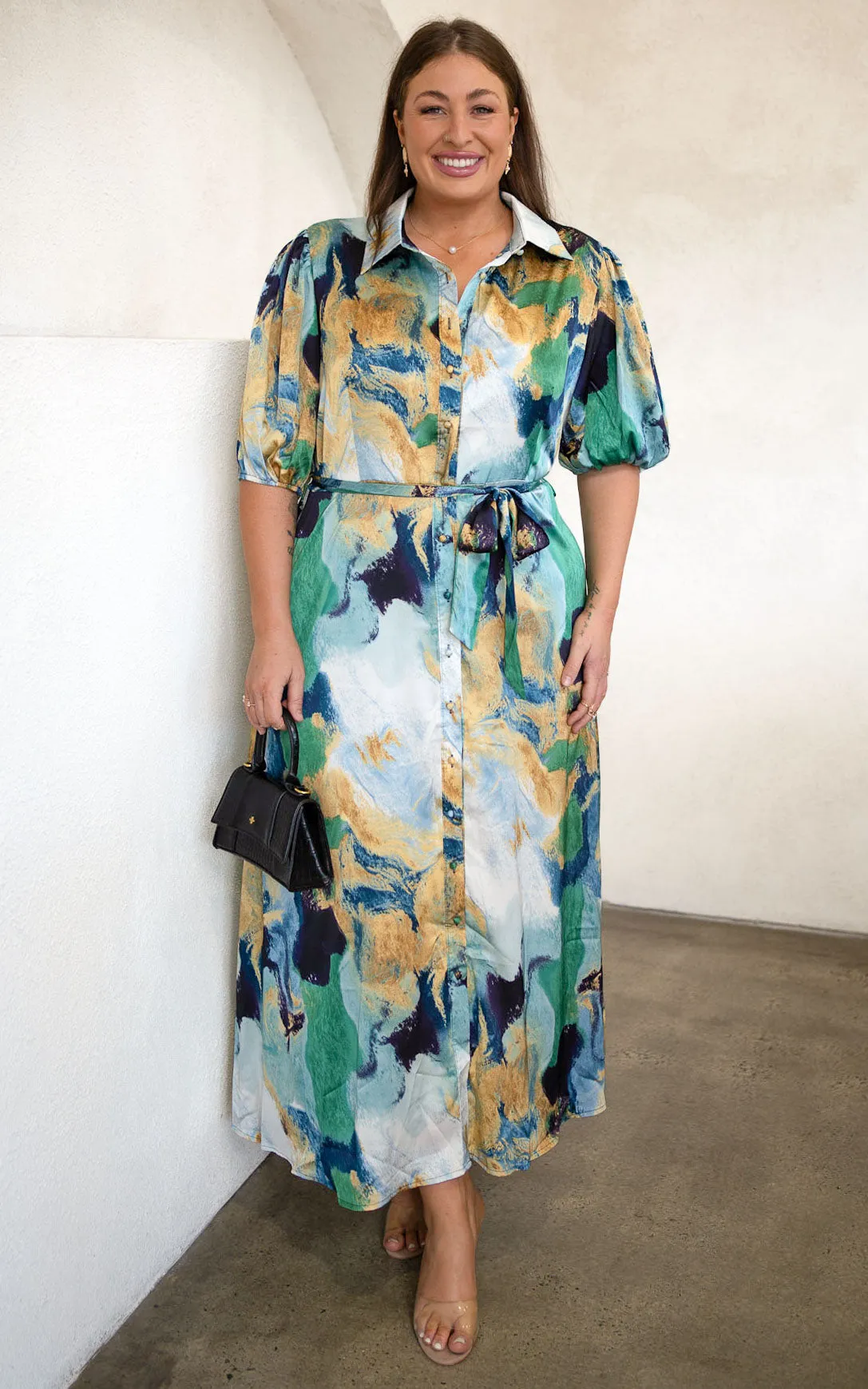 Augustine Short Sleeve Maxi Dress -  Blue Green Abstract Print