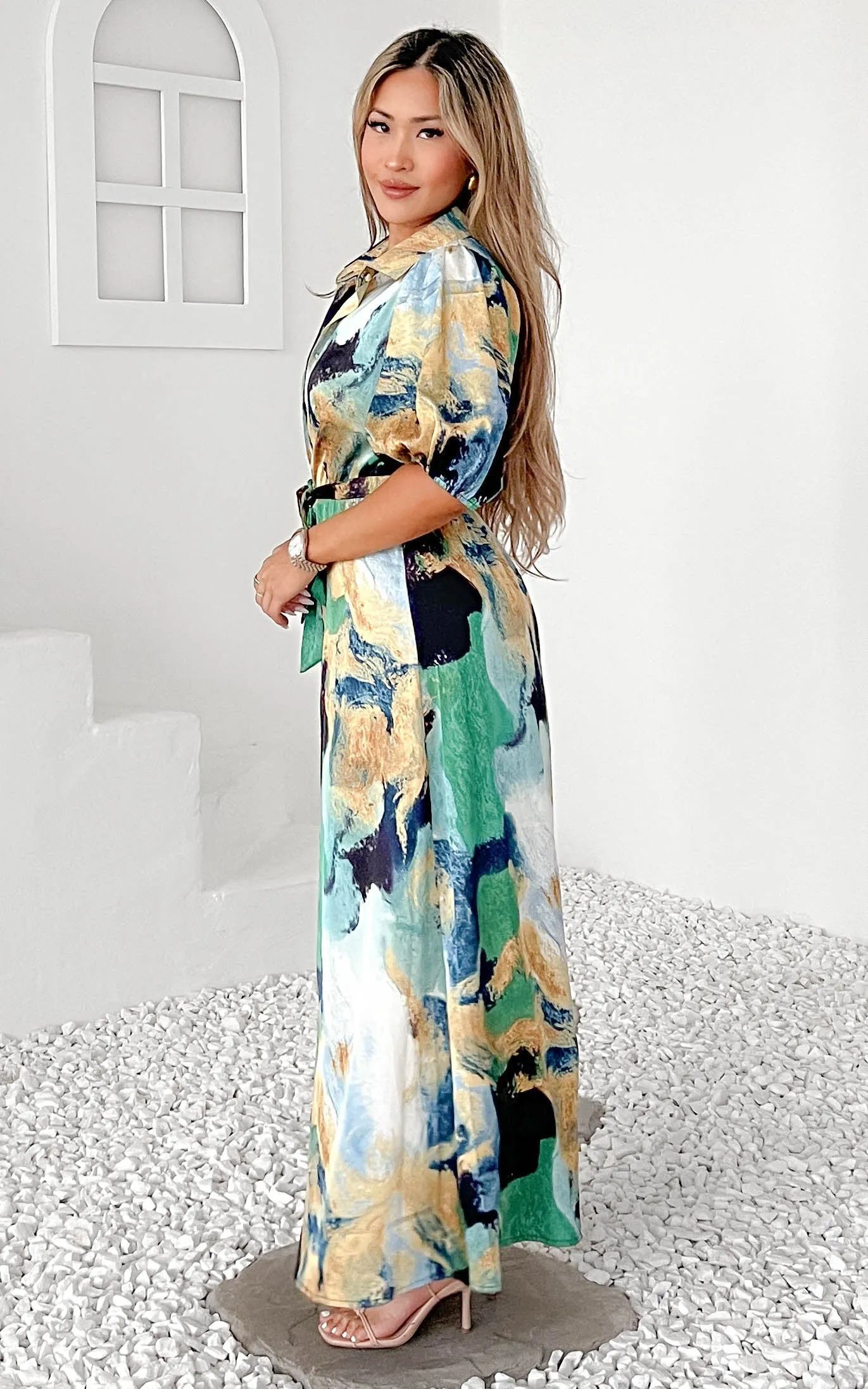 Augustine Short Sleeve Maxi Dress -  Blue Green Abstract Print