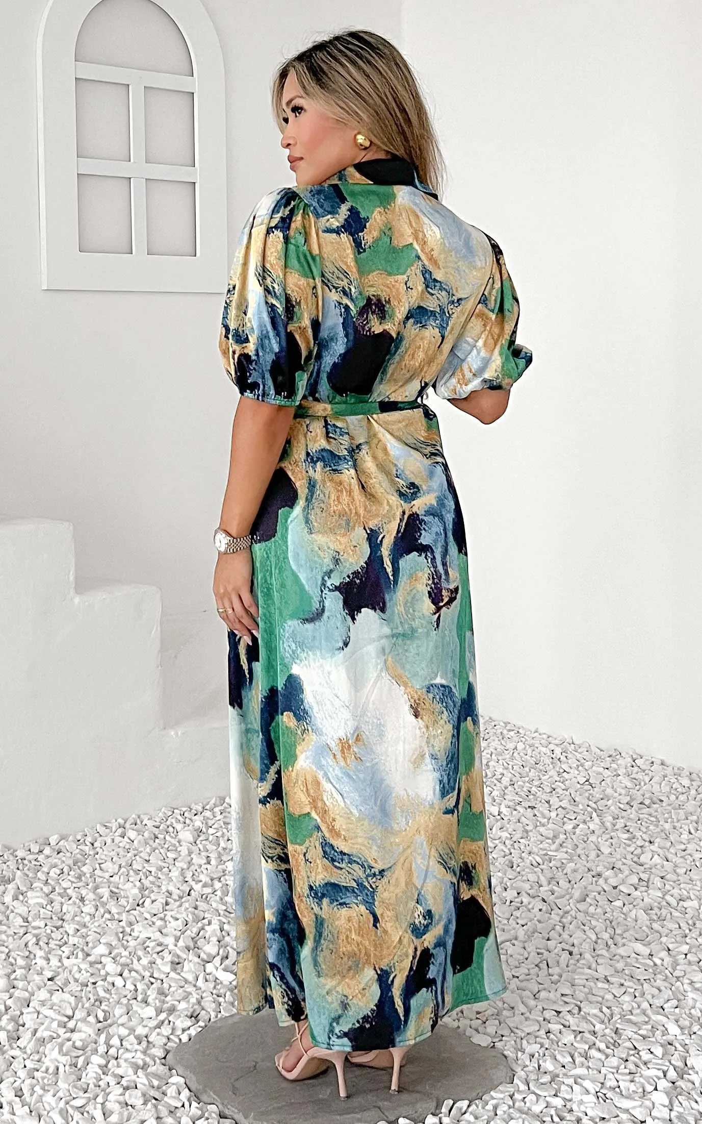 Augustine Short Sleeve Maxi Dress -  Blue Green Abstract Print