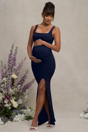 Avril | Navy Square Neck Maternity Maxi Dress with Split