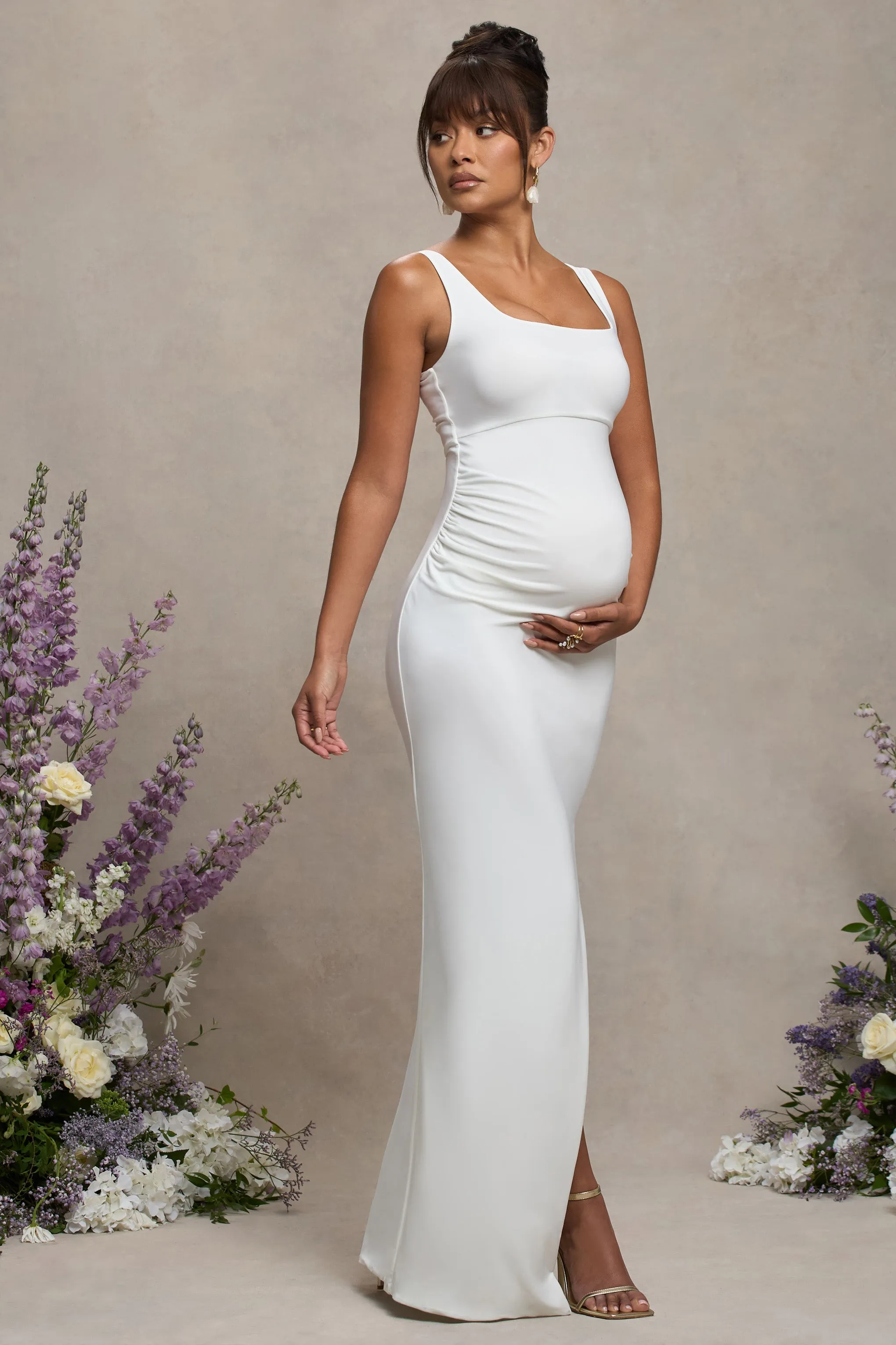 Avril | White Square Neck Maternity Maxi Dress with Split