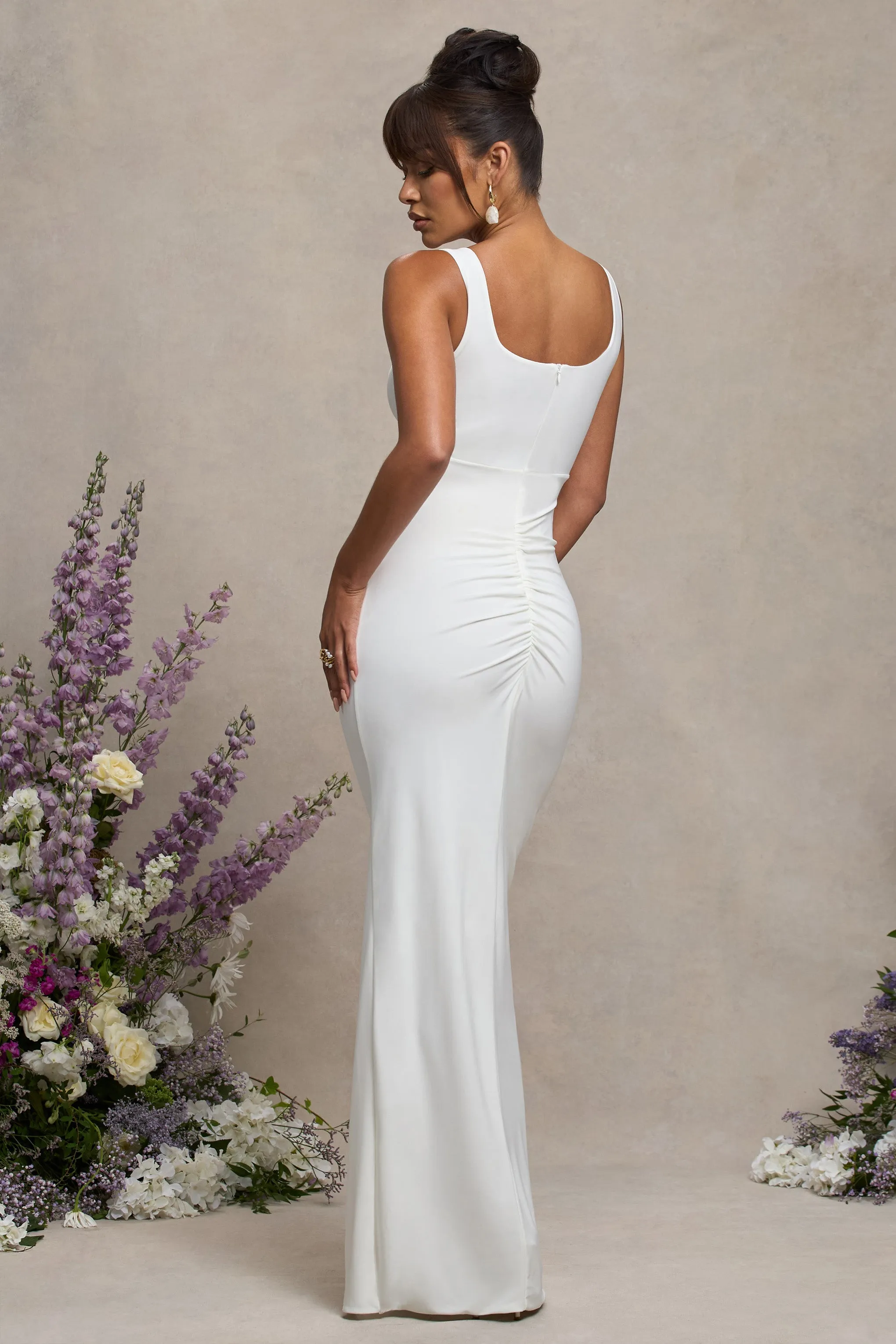 Avril | White Square Neck Maternity Maxi Dress with Split