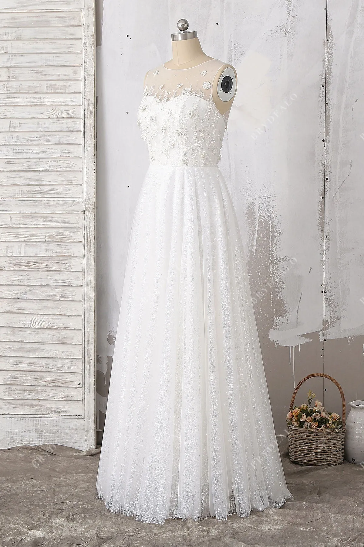 Beaded 3D Floral Lace Glitter Illusion Fairytale Wedding Dress