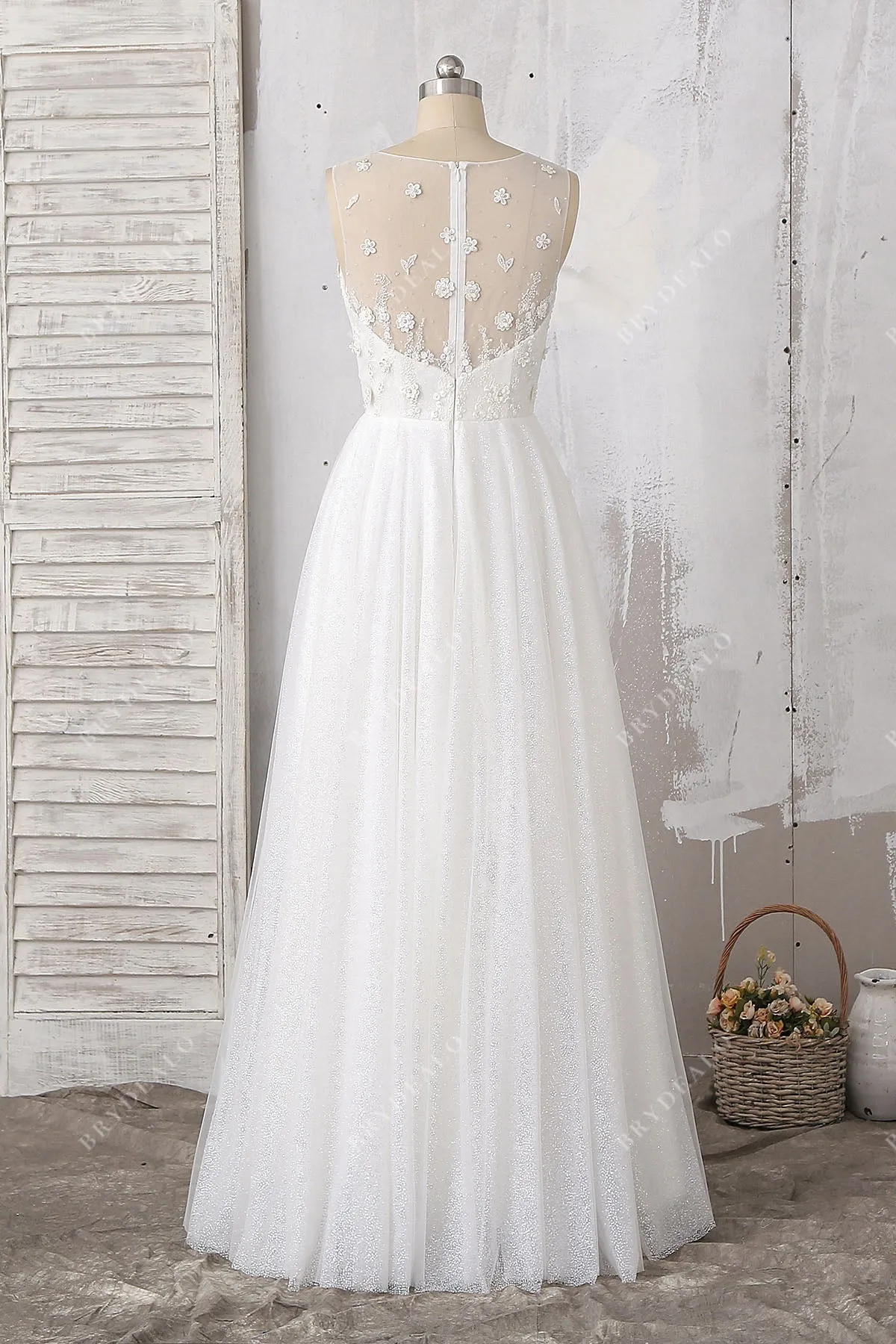 Beaded 3D Floral Lace Glitter Illusion Fairytale Wedding Dress