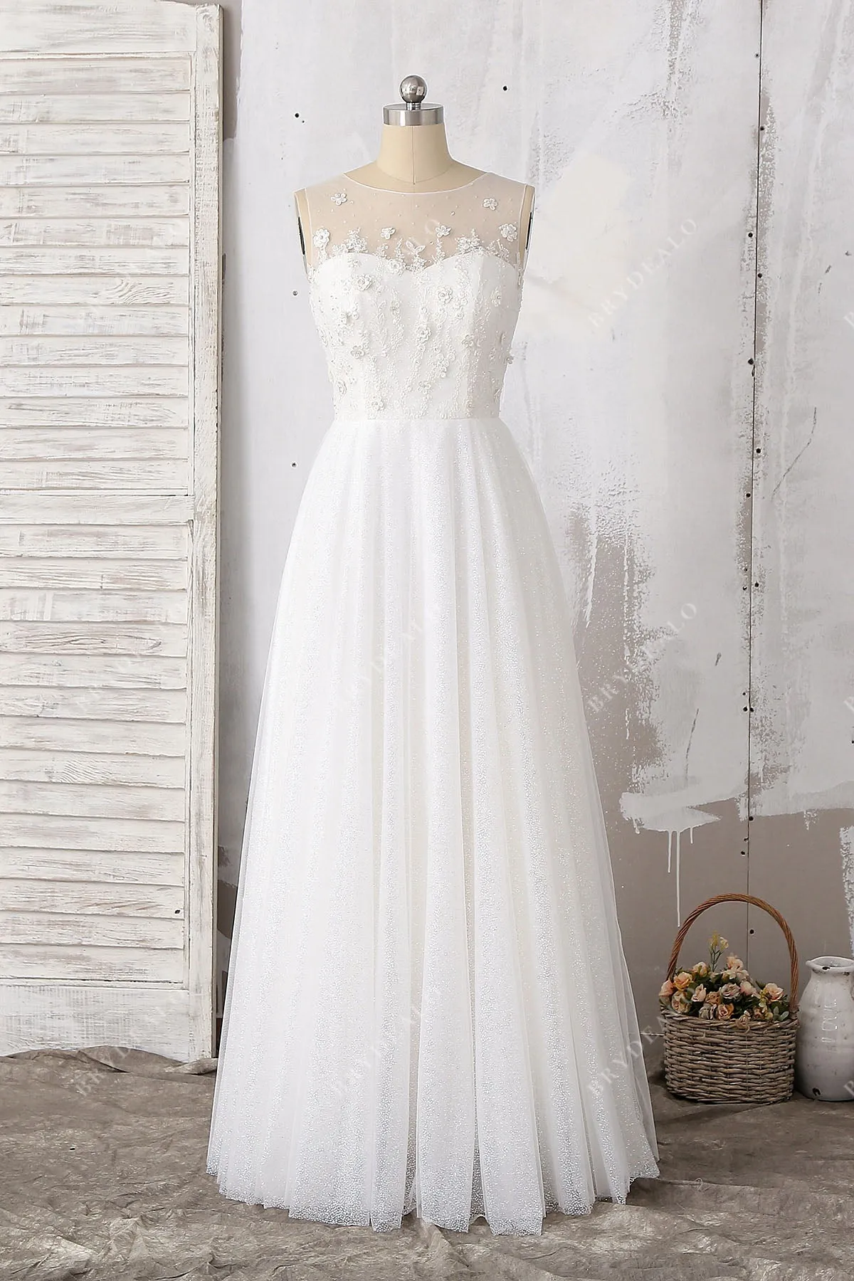 Beaded 3D Floral Lace Glitter Illusion Fairytale Wedding Dress