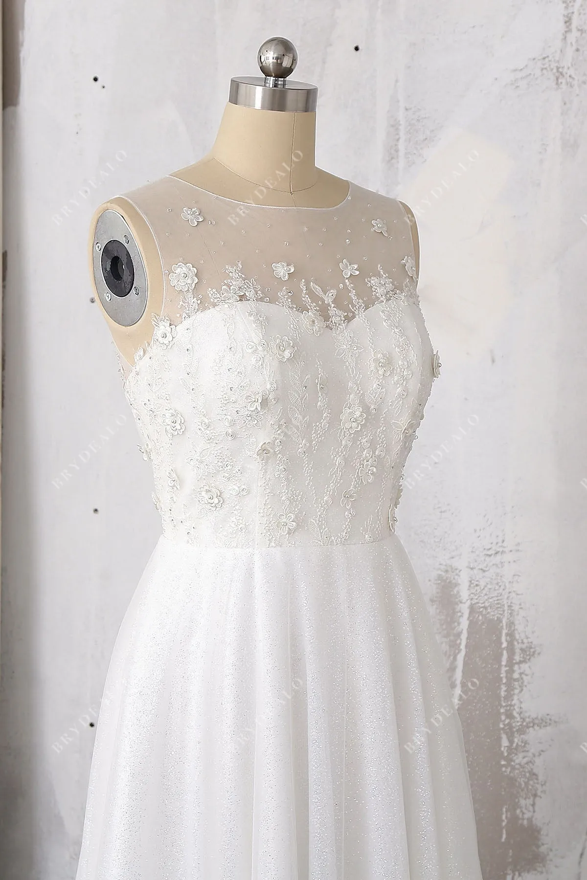 Beaded 3D Floral Lace Glitter Illusion Fairytale Wedding Dress