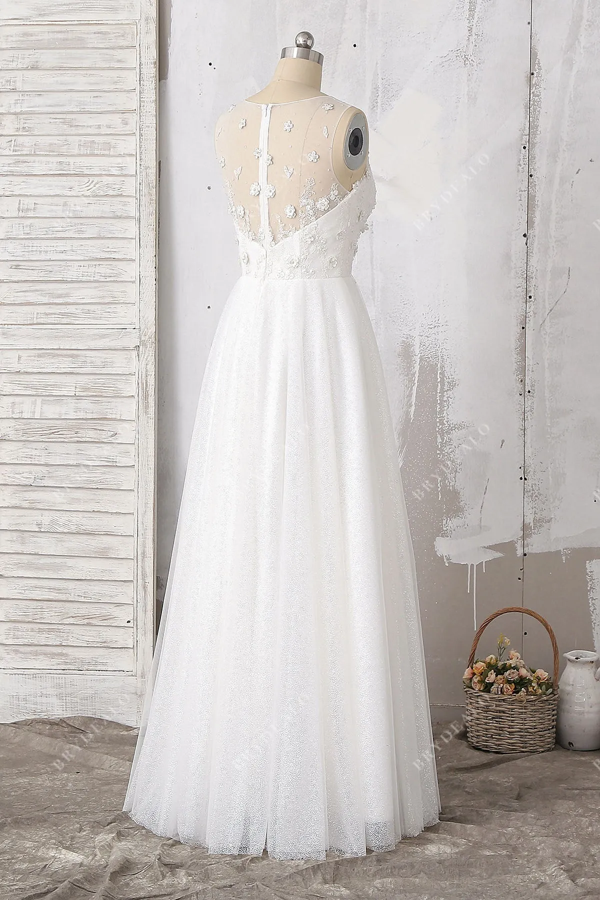 Beaded 3D Floral Lace Glitter Illusion Fairytale Wedding Dress