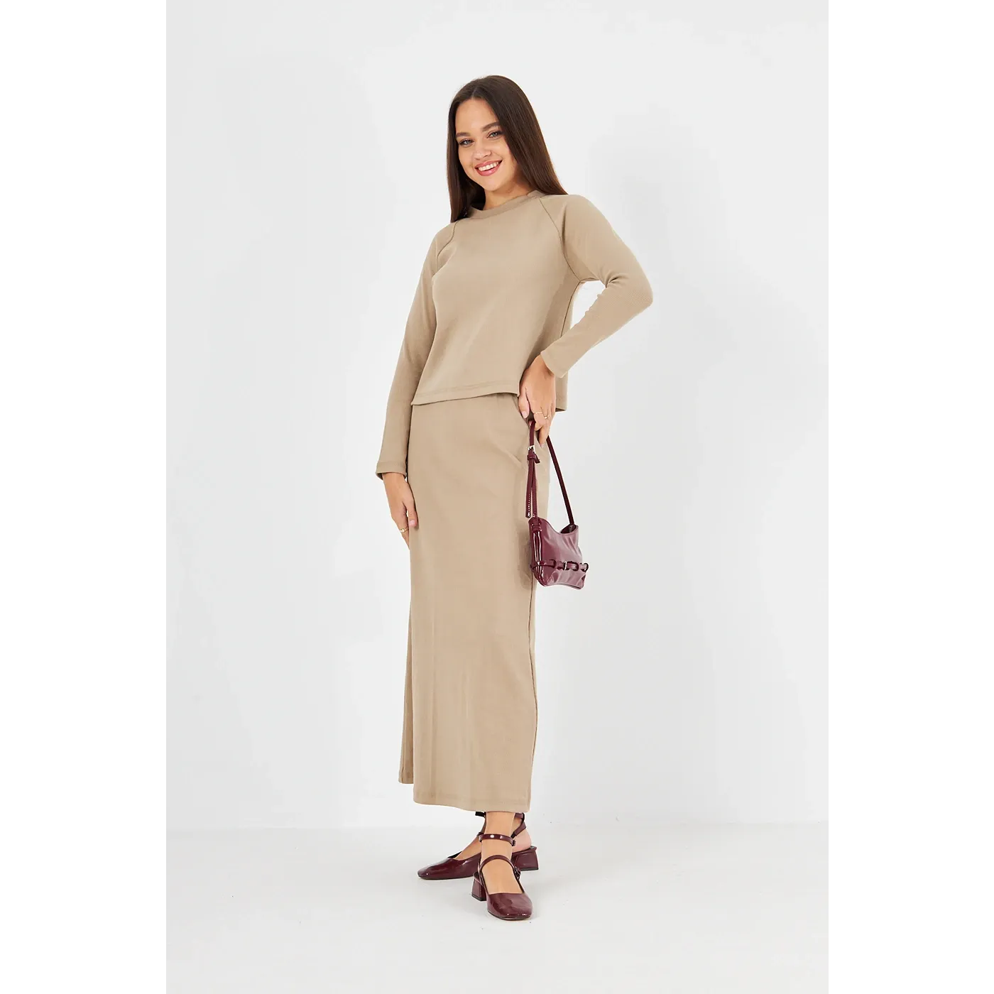 Beige Ribbed Top & Skirt Matching Set