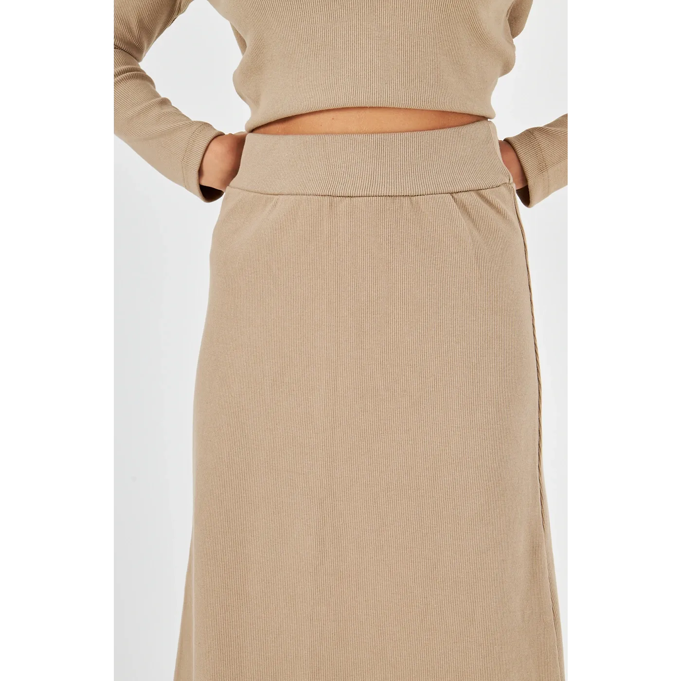 Beige Ribbed Top & Skirt Matching Set