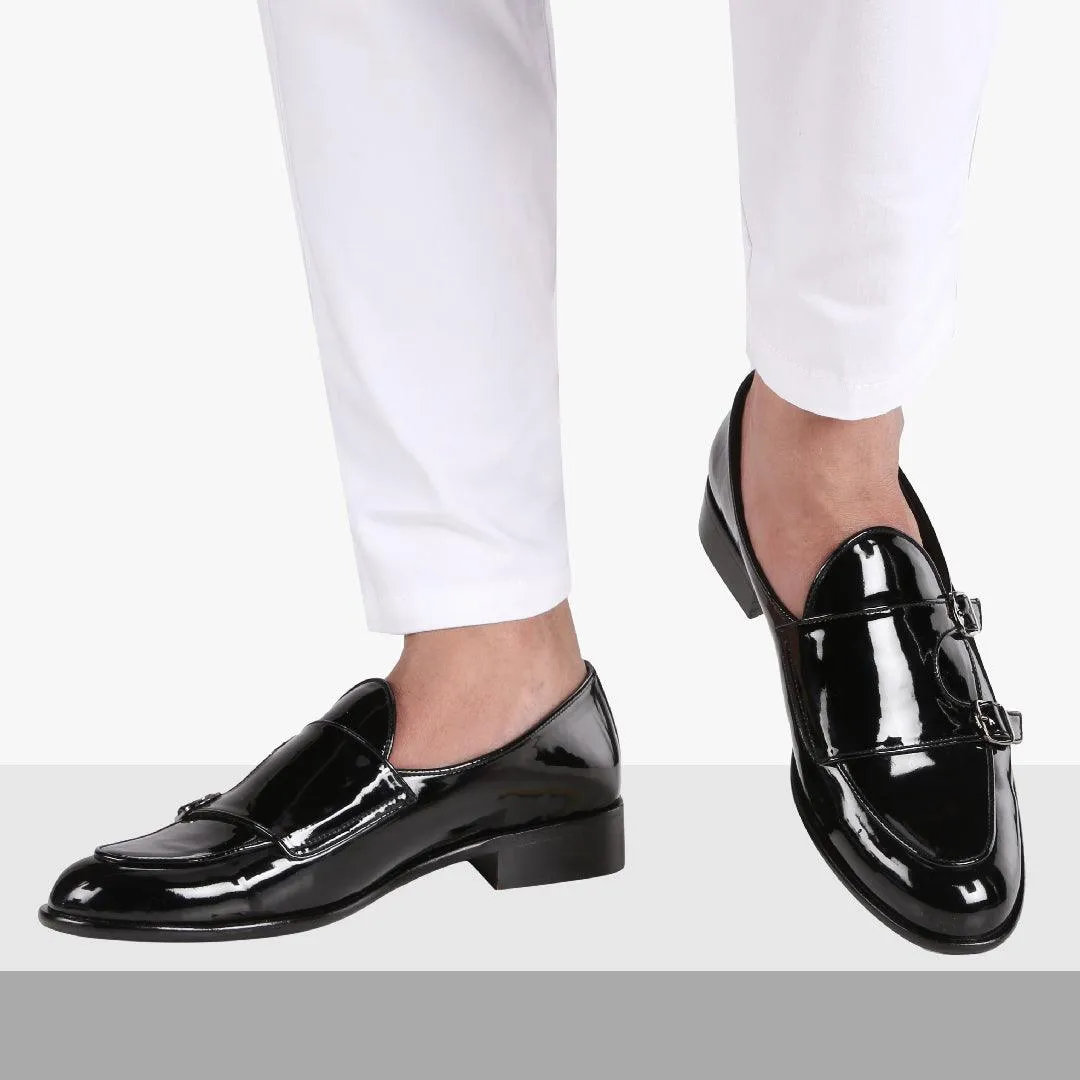 Bello Double Monk Patent Black Loafers