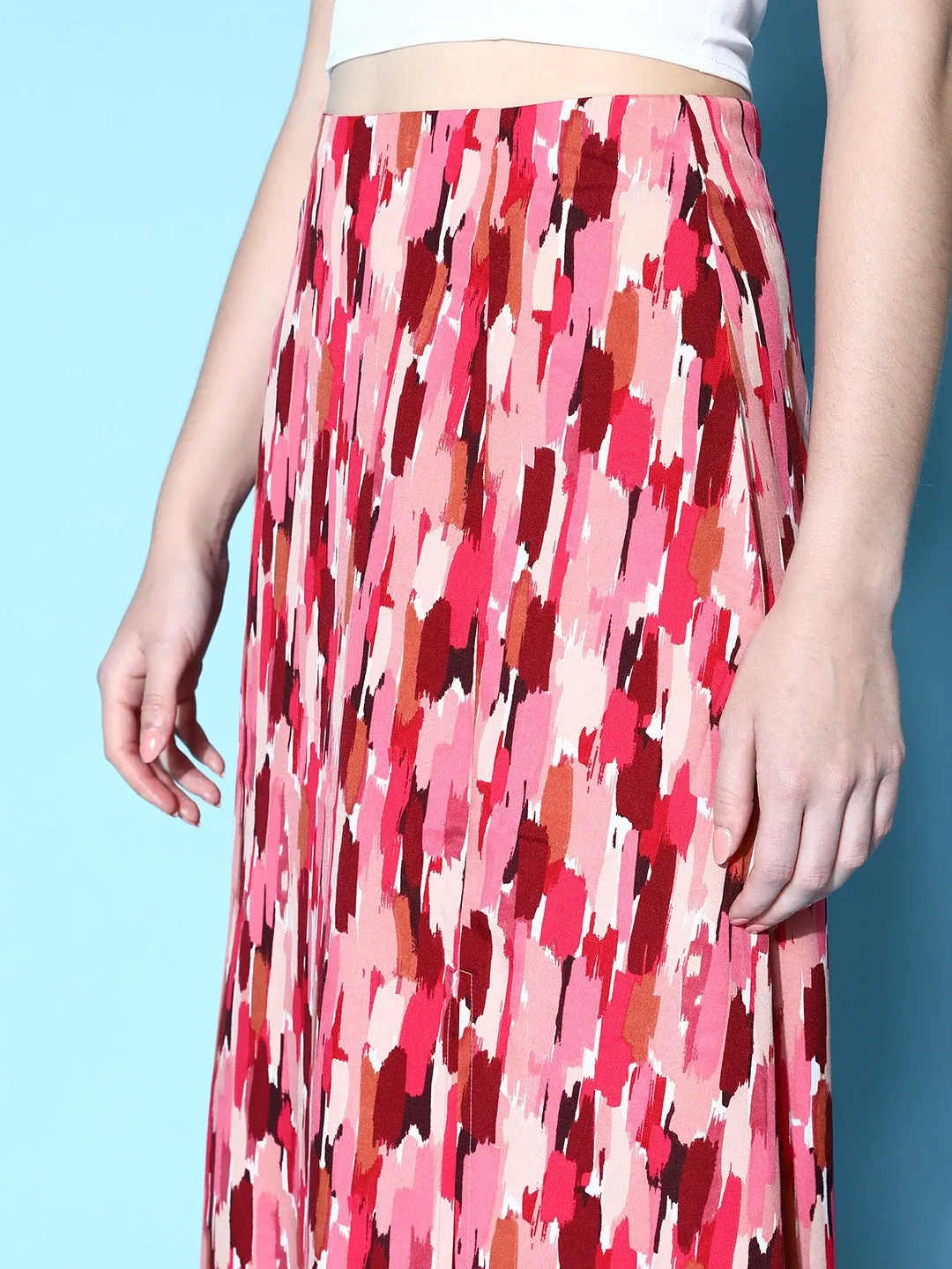 Berrylush Women Pink & Maroon Abstract Printed High-Rise Waist Side-Slit Flared A-Line Maxi Skirt