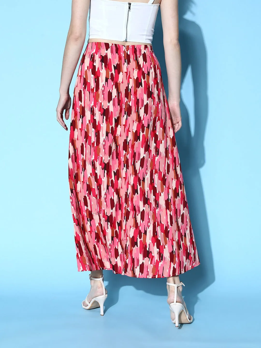 Berrylush Women Pink & Maroon Abstract Printed High-Rise Waist Side-Slit Flared A-Line Maxi Skirt