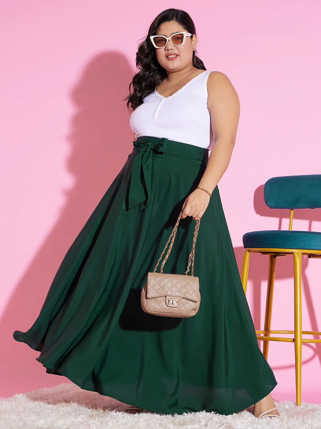 Berrylush Women Plus Size Solid Green High-Rise Tie-Up Waist Slip-On Flared A-Line Maxi Skirt