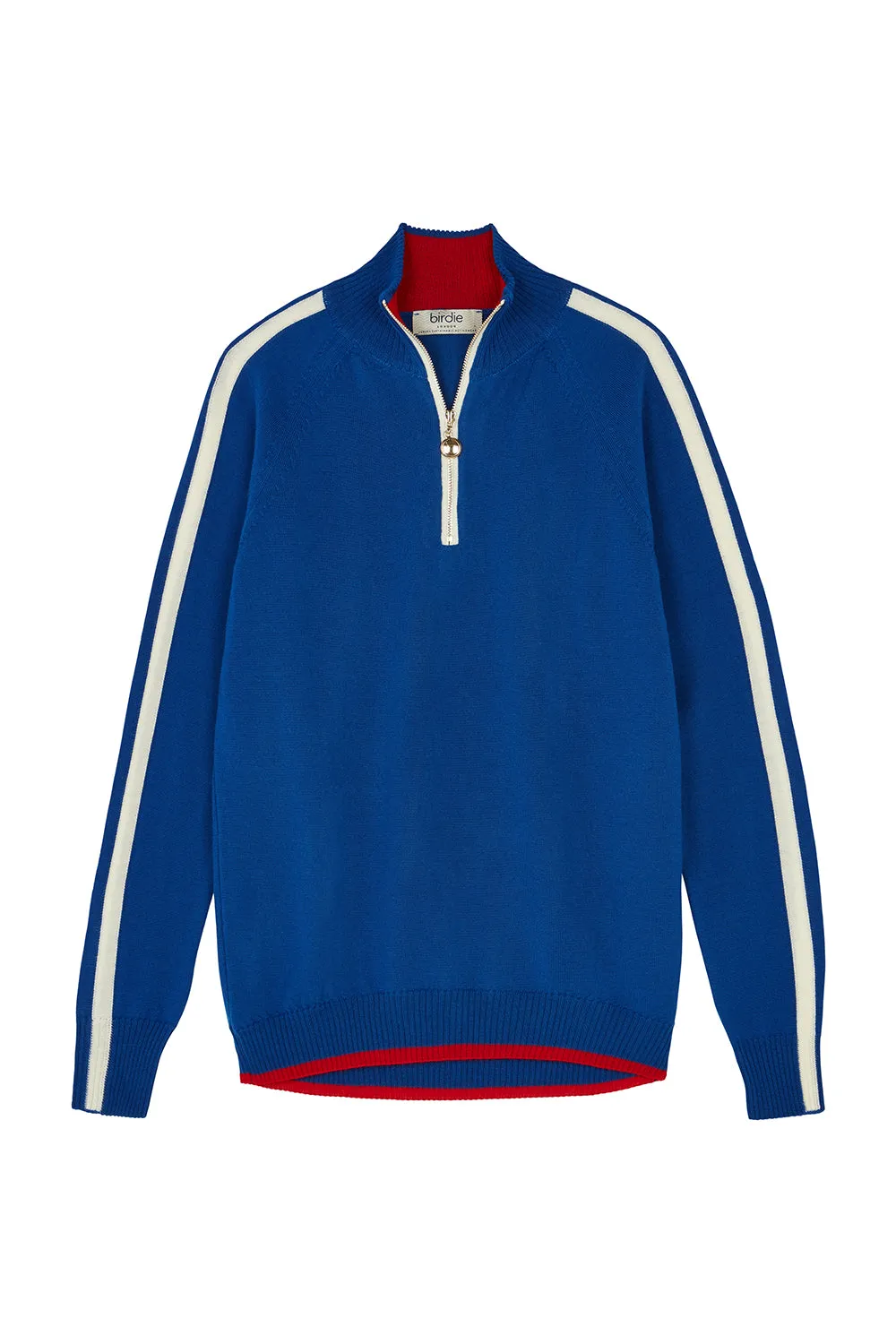 Birdie 13 zip jumper in Cobalt Blue, Soft Cream & Red