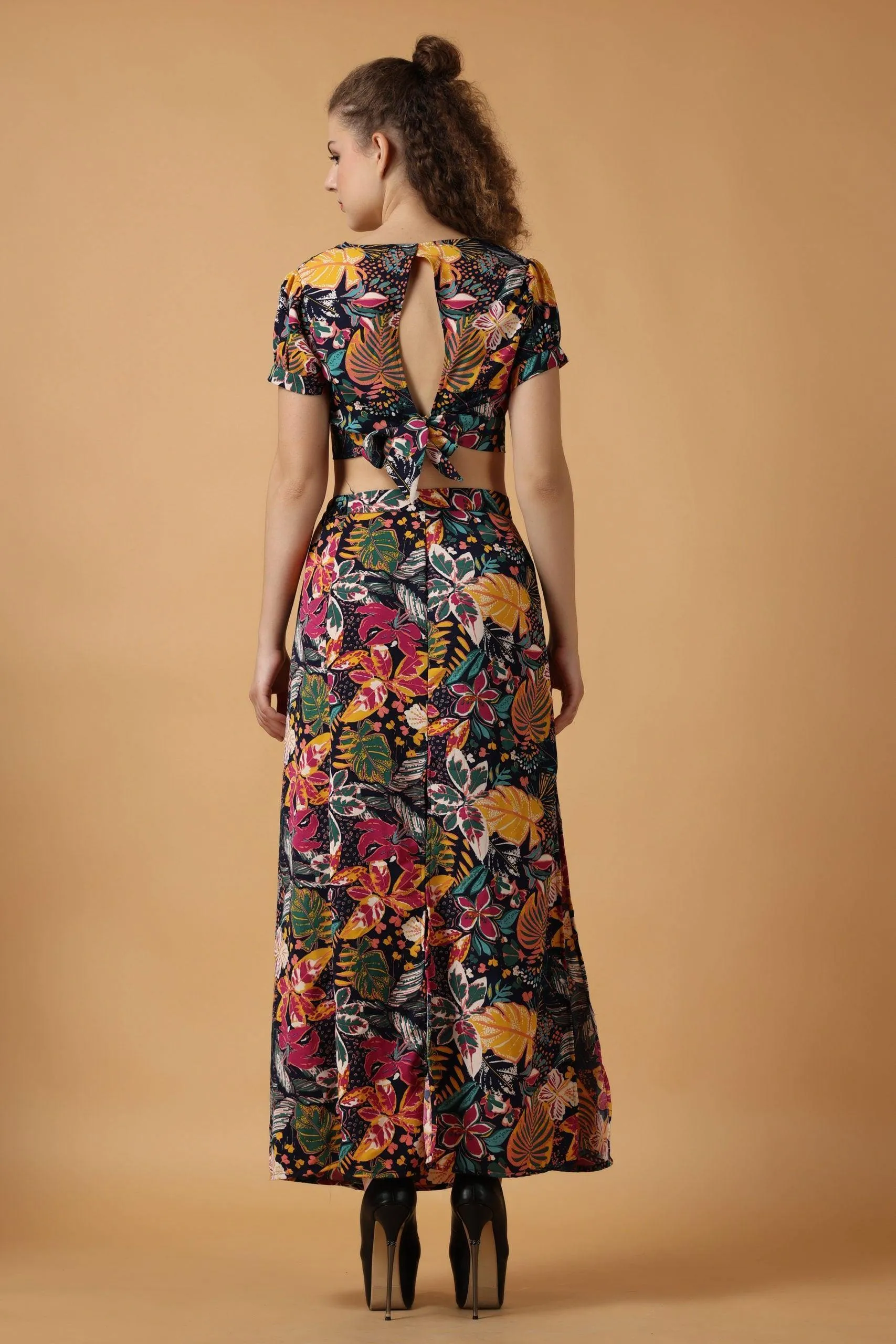 Black Floral Printed Back Tie Crop Top with Slit Skirt Set