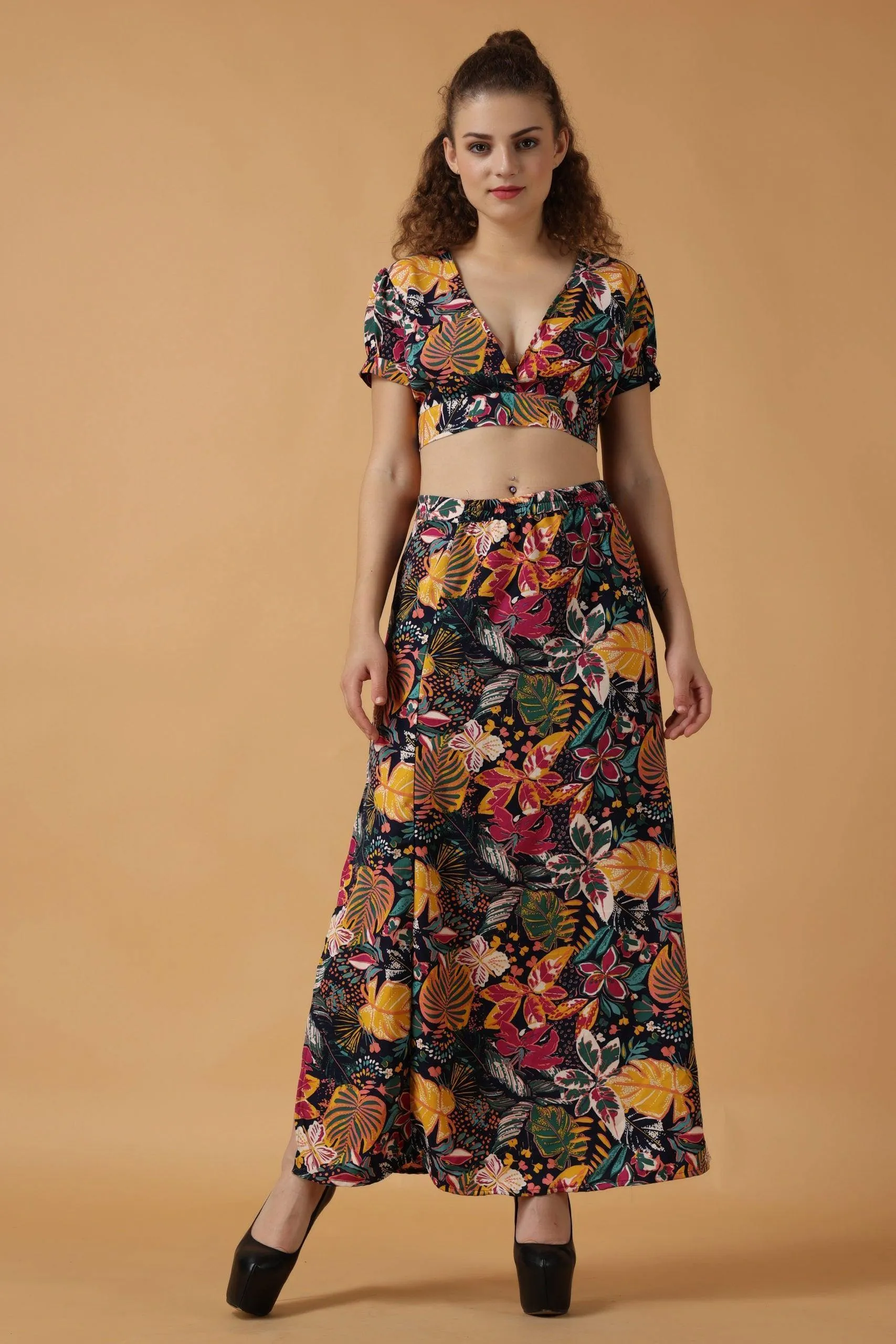 Black Floral Printed Back Tie Crop Top with Slit Skirt Set