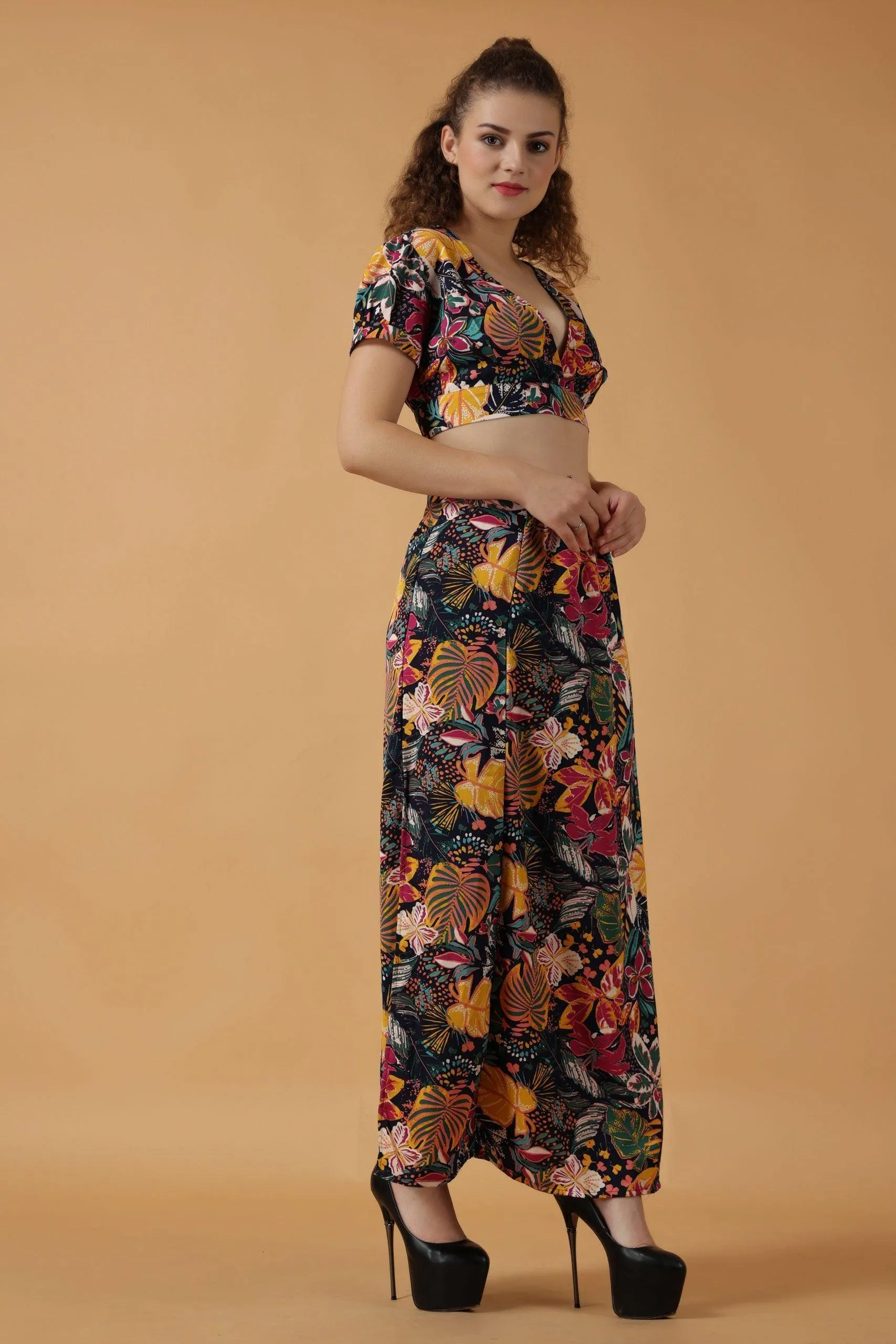 Black Floral Printed Back Tie Crop Top with Slit Skirt Set