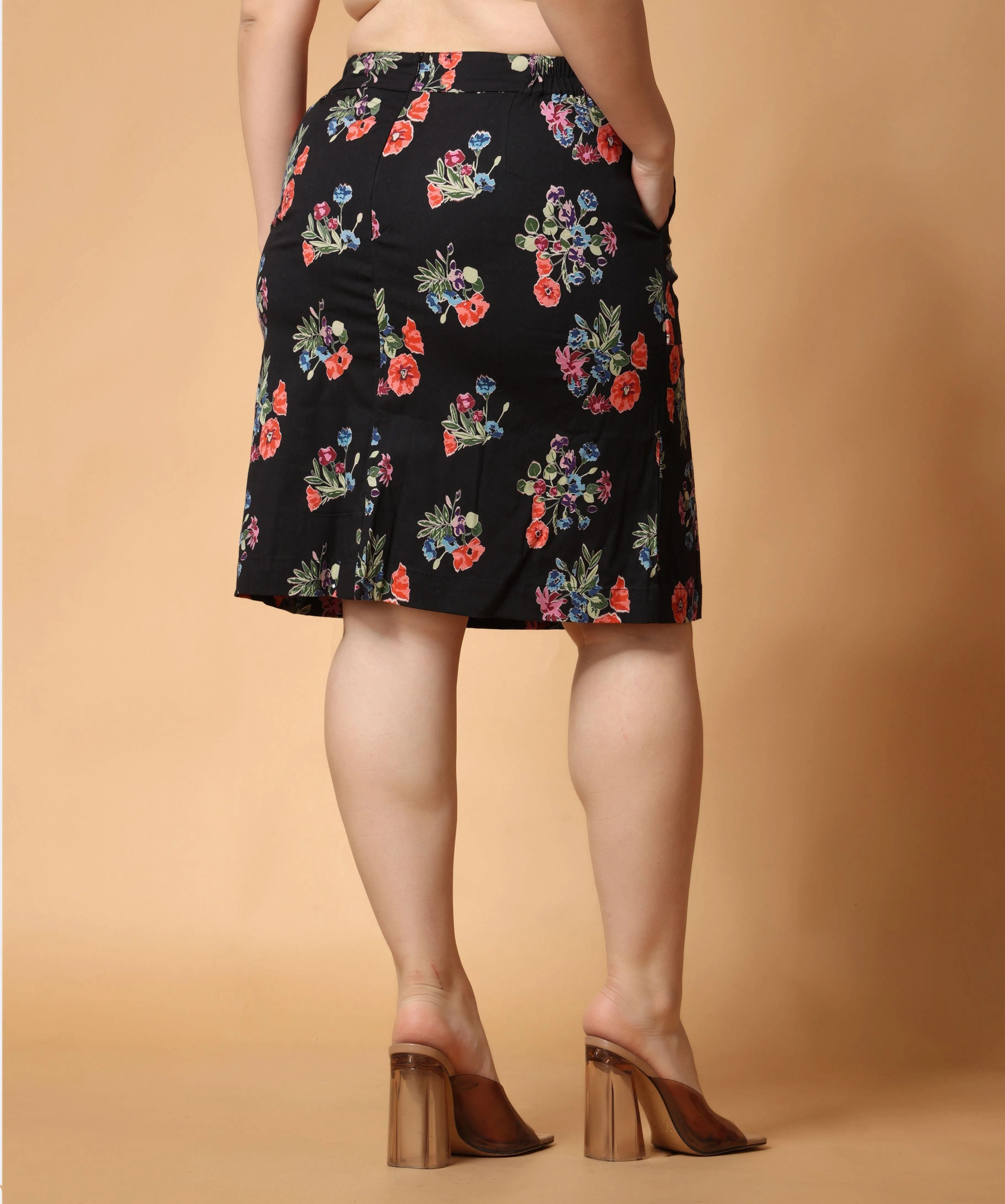 Black Floral Printed Midi Skirt