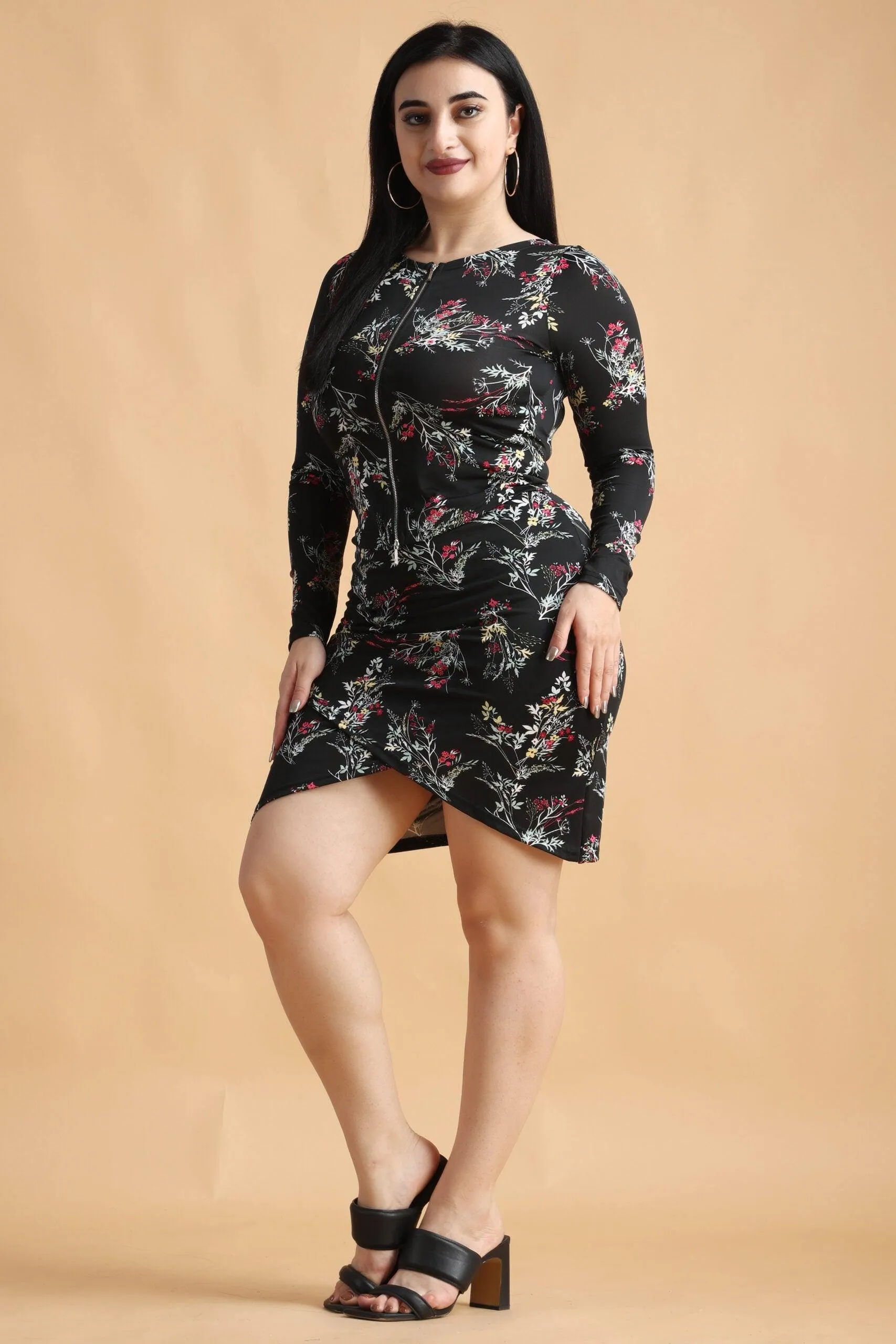 Black Floral Printed Zipper Top with Skirt