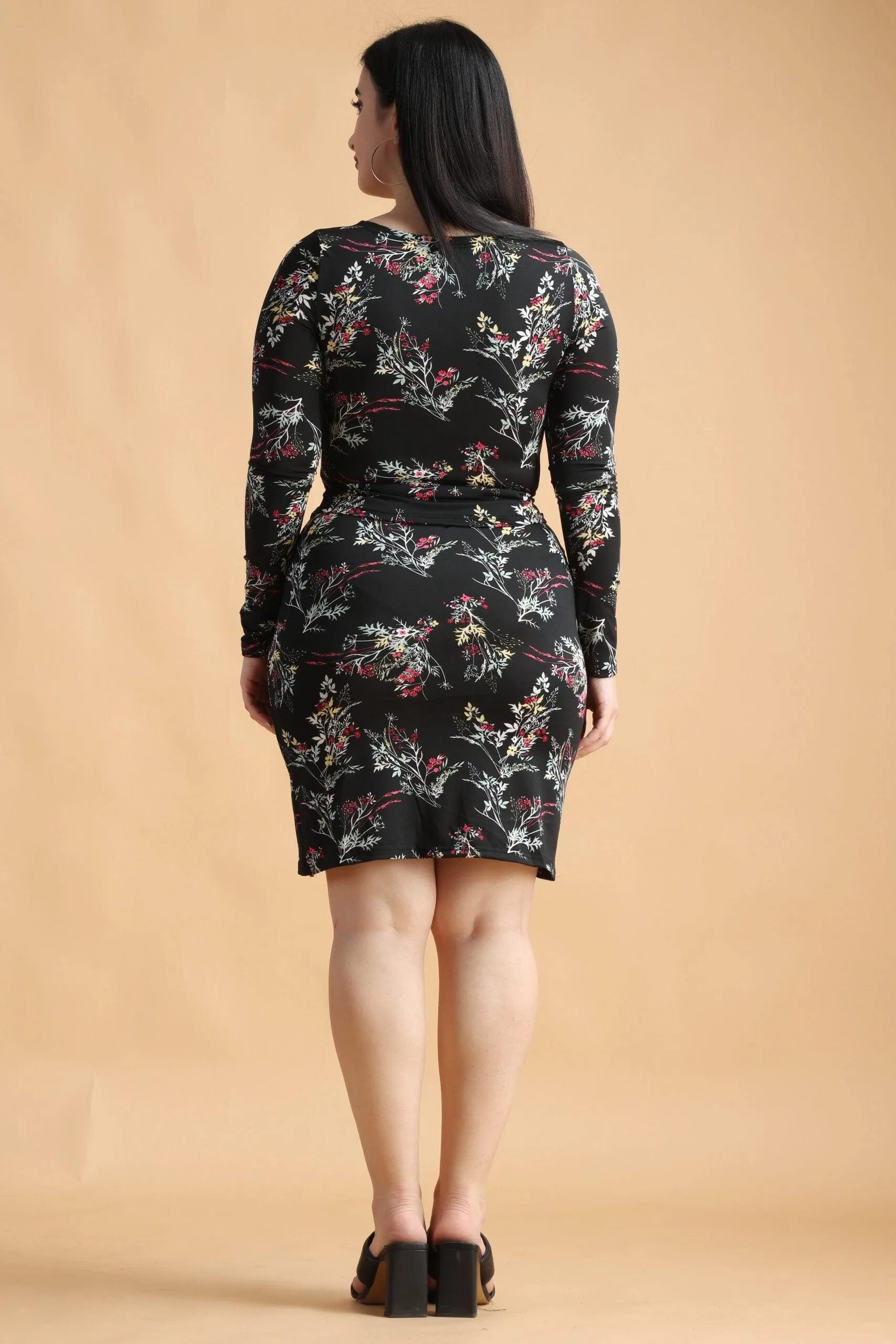 Black Floral Printed Zipper Top with Skirt