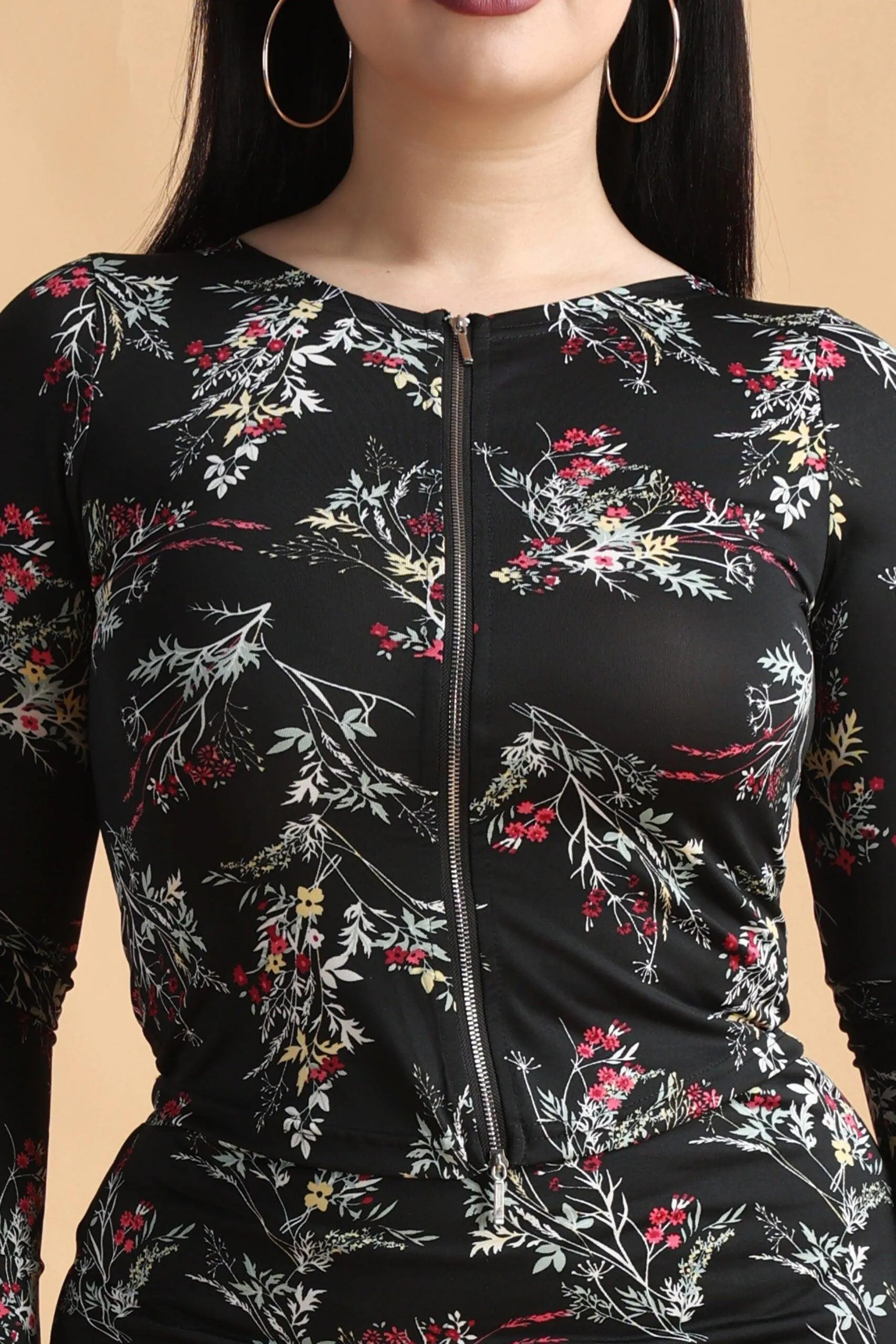 Black Floral Printed Zipper Top with Skirt