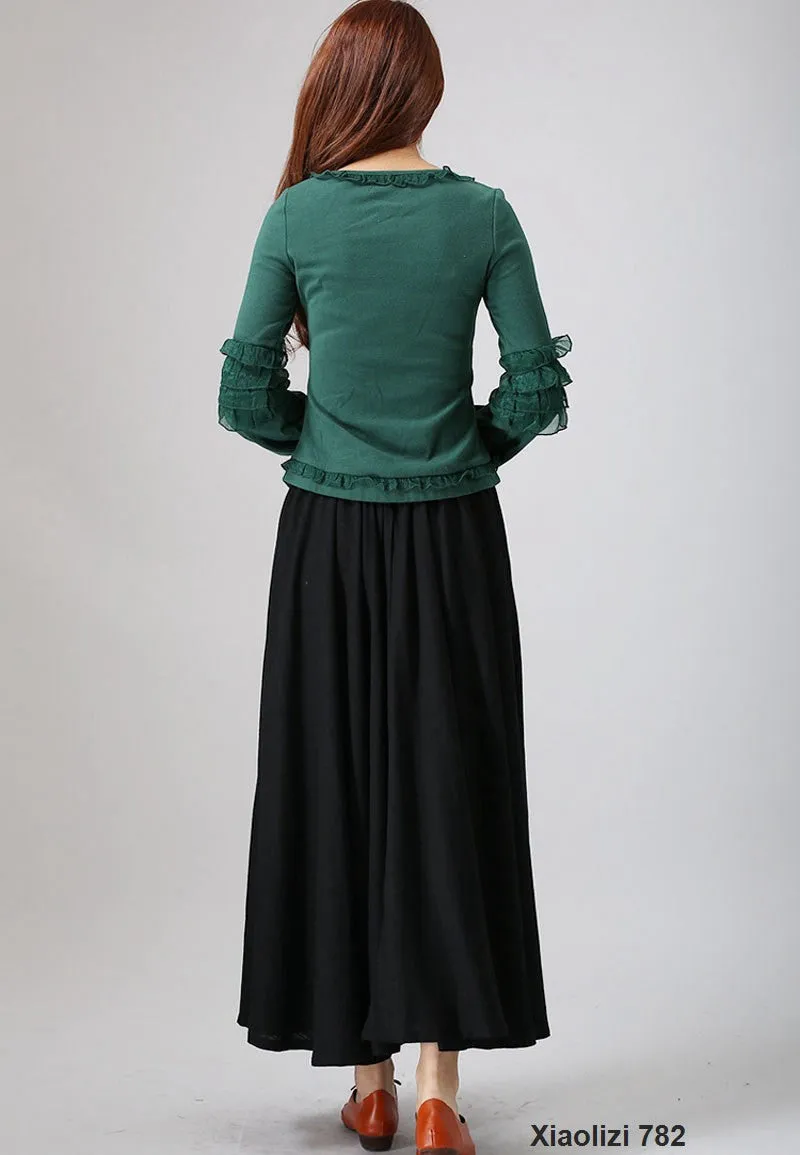 Black linen maxi skirt woman's long skirt with button detail 782#