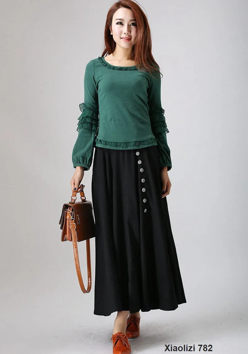 Black linen maxi skirt woman's long skirt with button detail 782#