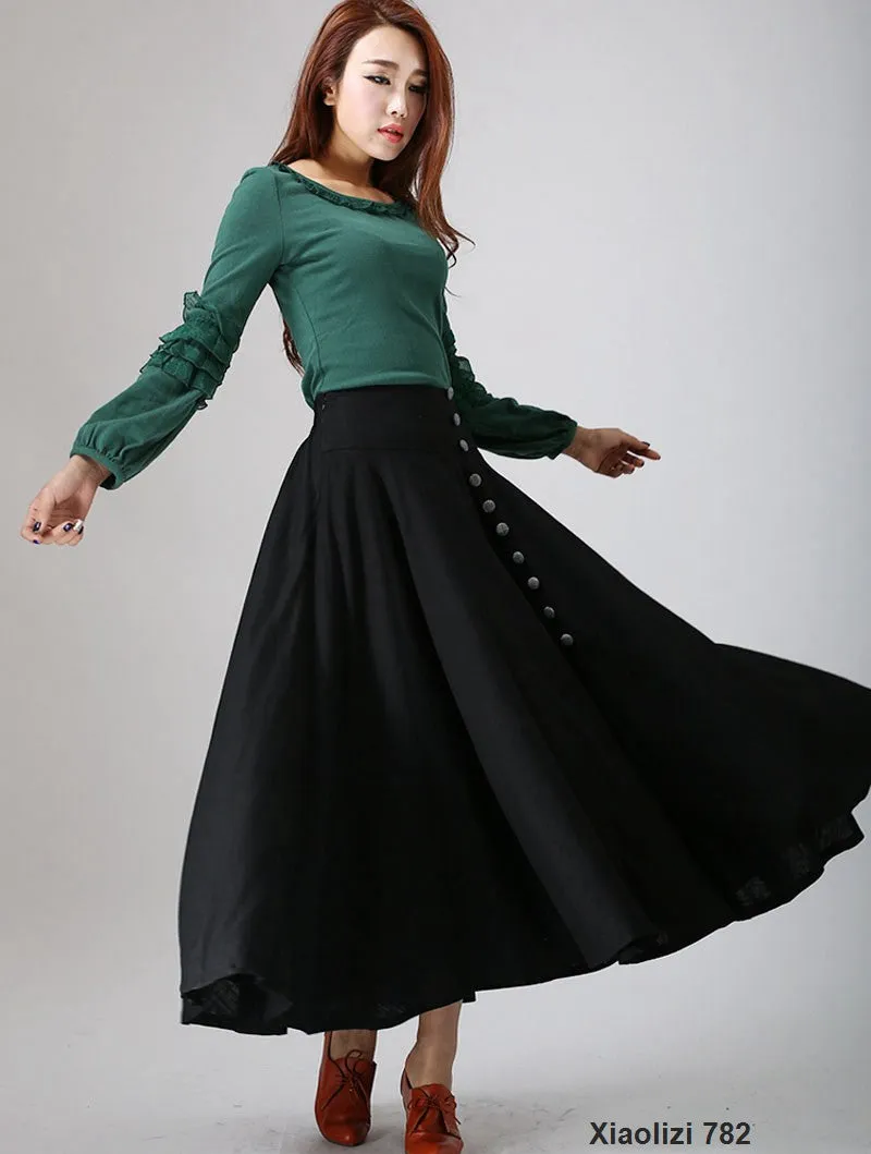 Black linen maxi skirt woman's long skirt with button detail 782#