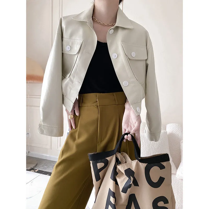 Black Long Sleeve Lapel Collar Leather Short Loose Waist Jacket Women Trendy