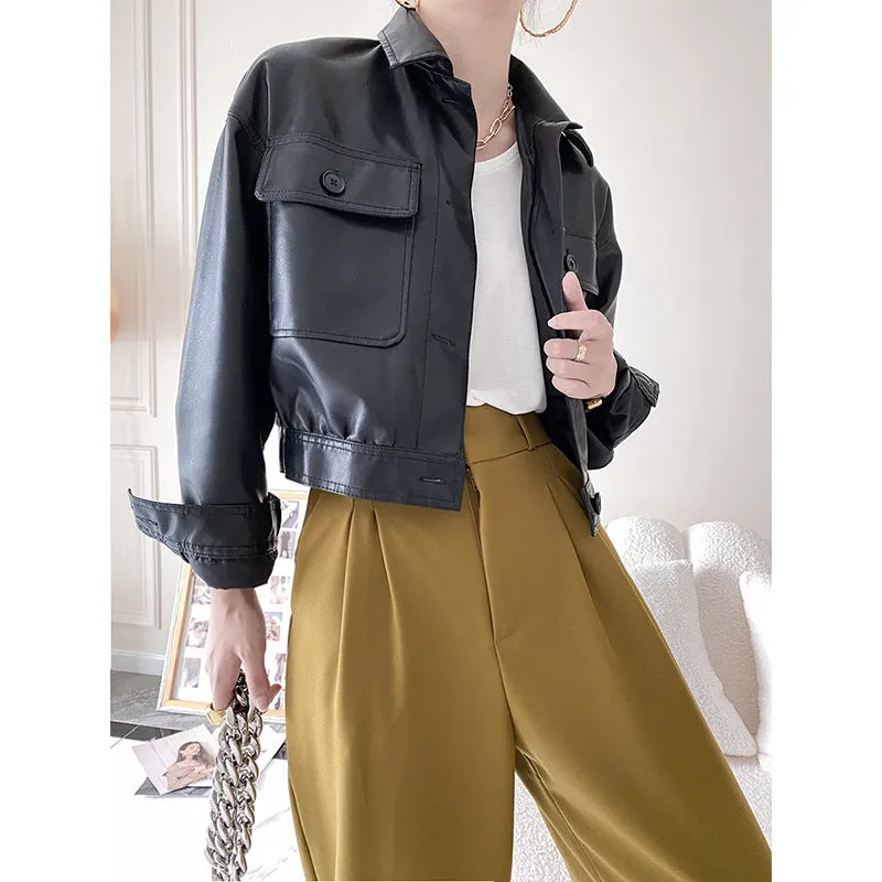 Black Long Sleeve Lapel Collar Leather Short Loose Waist Jacket Women Trendy