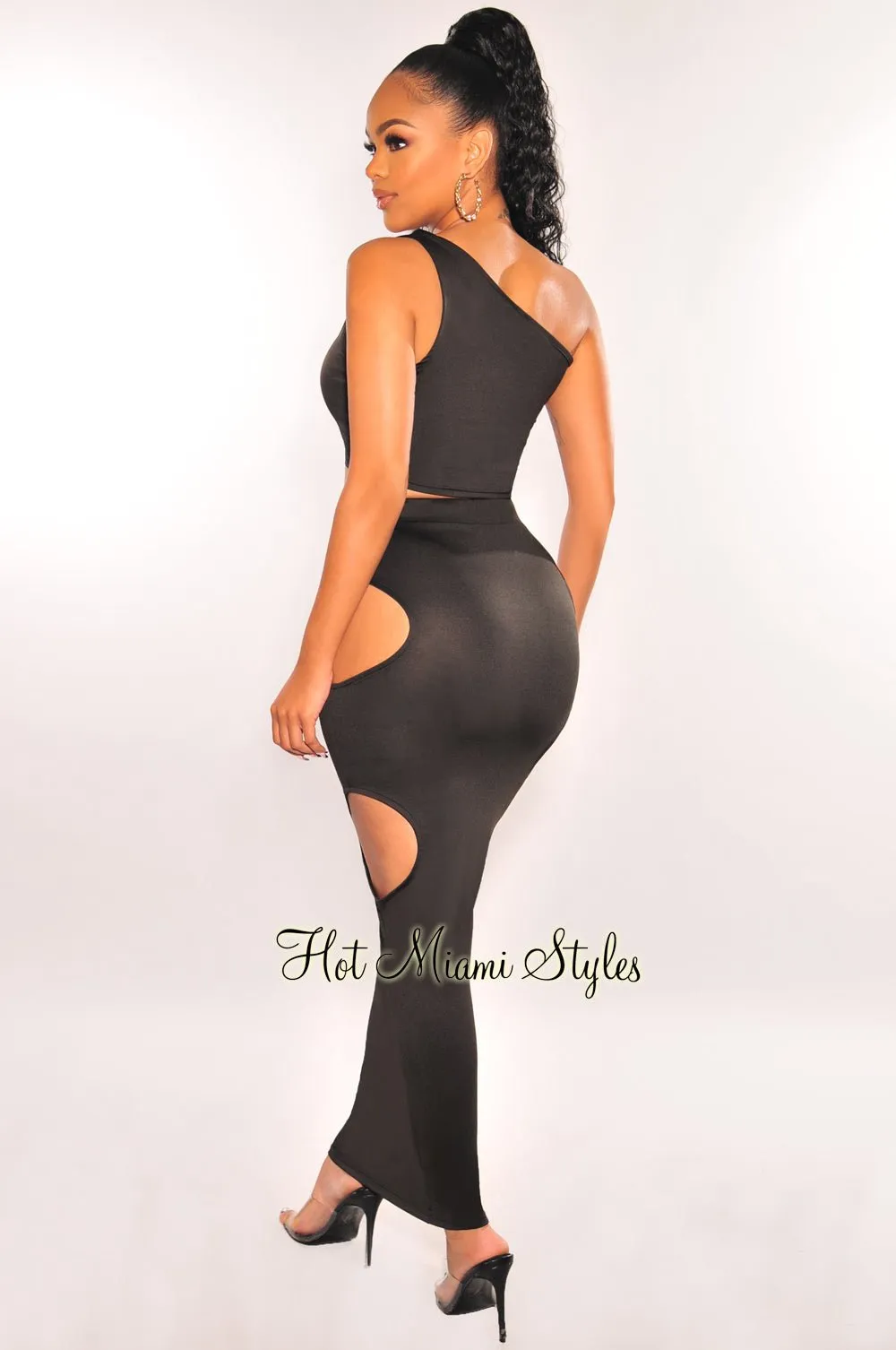 Black One Shoulder Cut Out Skirt Two Piece Set