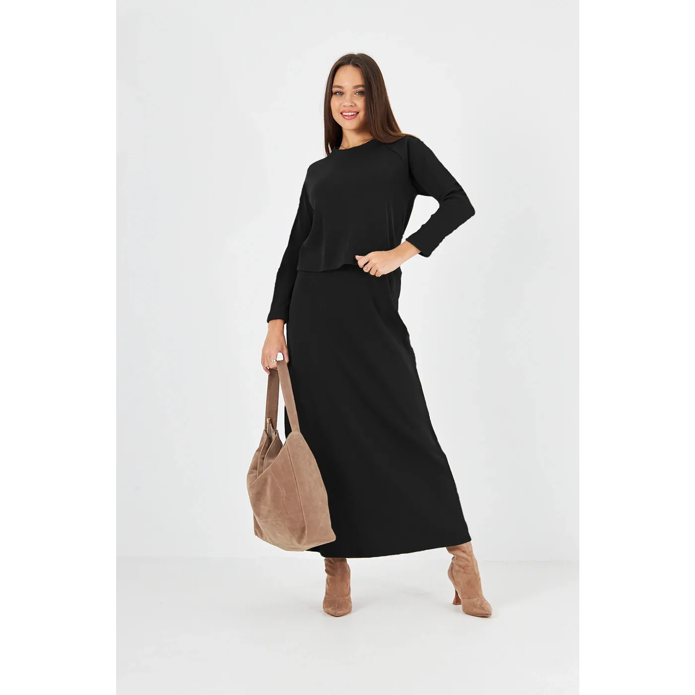 Black Ribbed Top & Skirt Matching Set