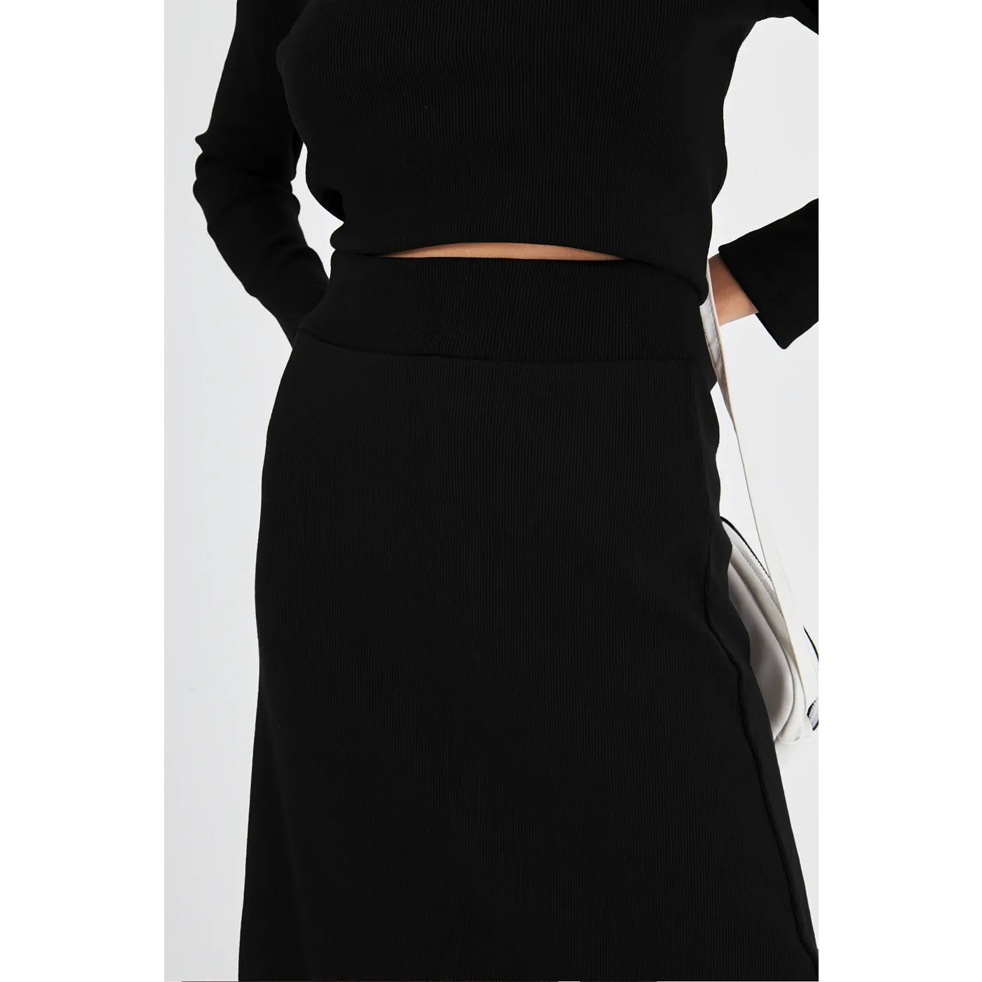 Black Ribbed Top & Skirt Matching Set