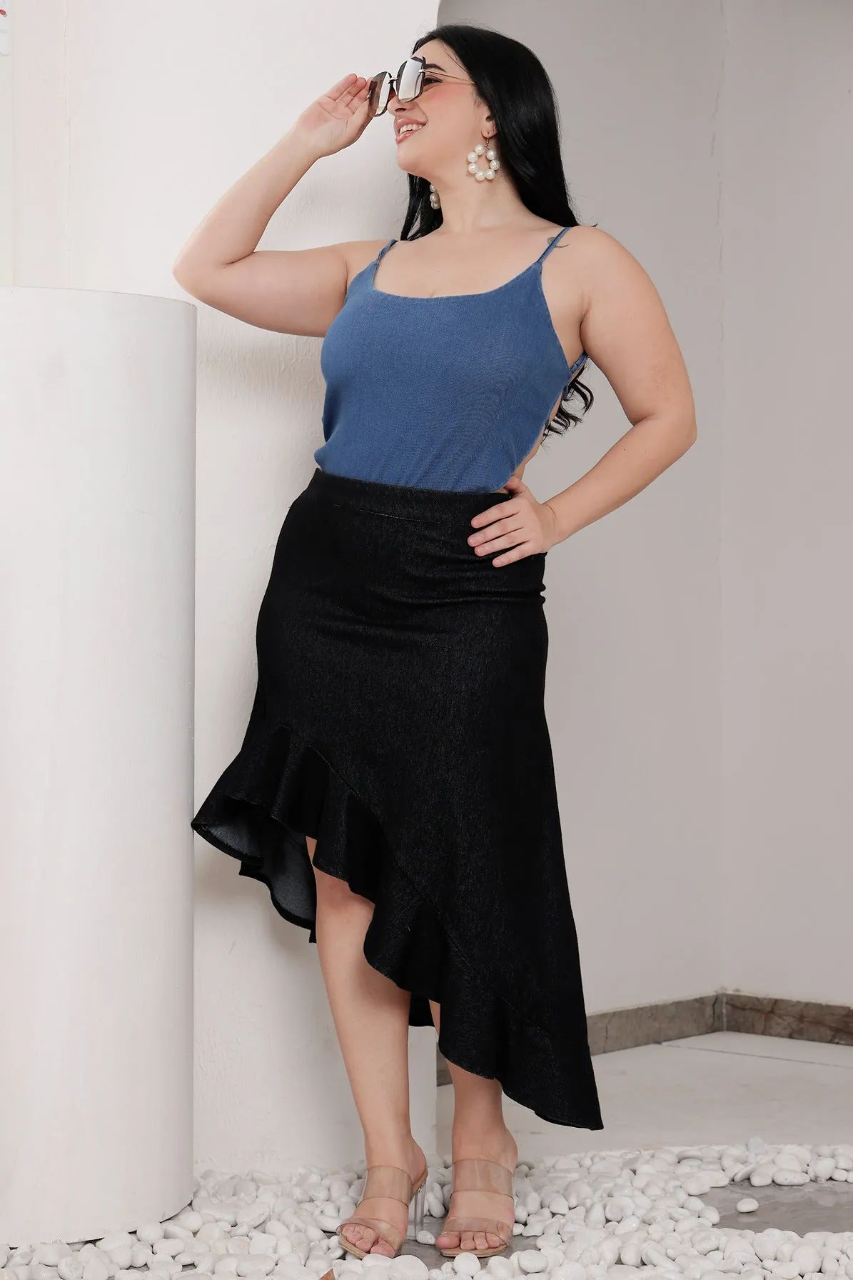 Black Solid Asymmetric Denim Skirt