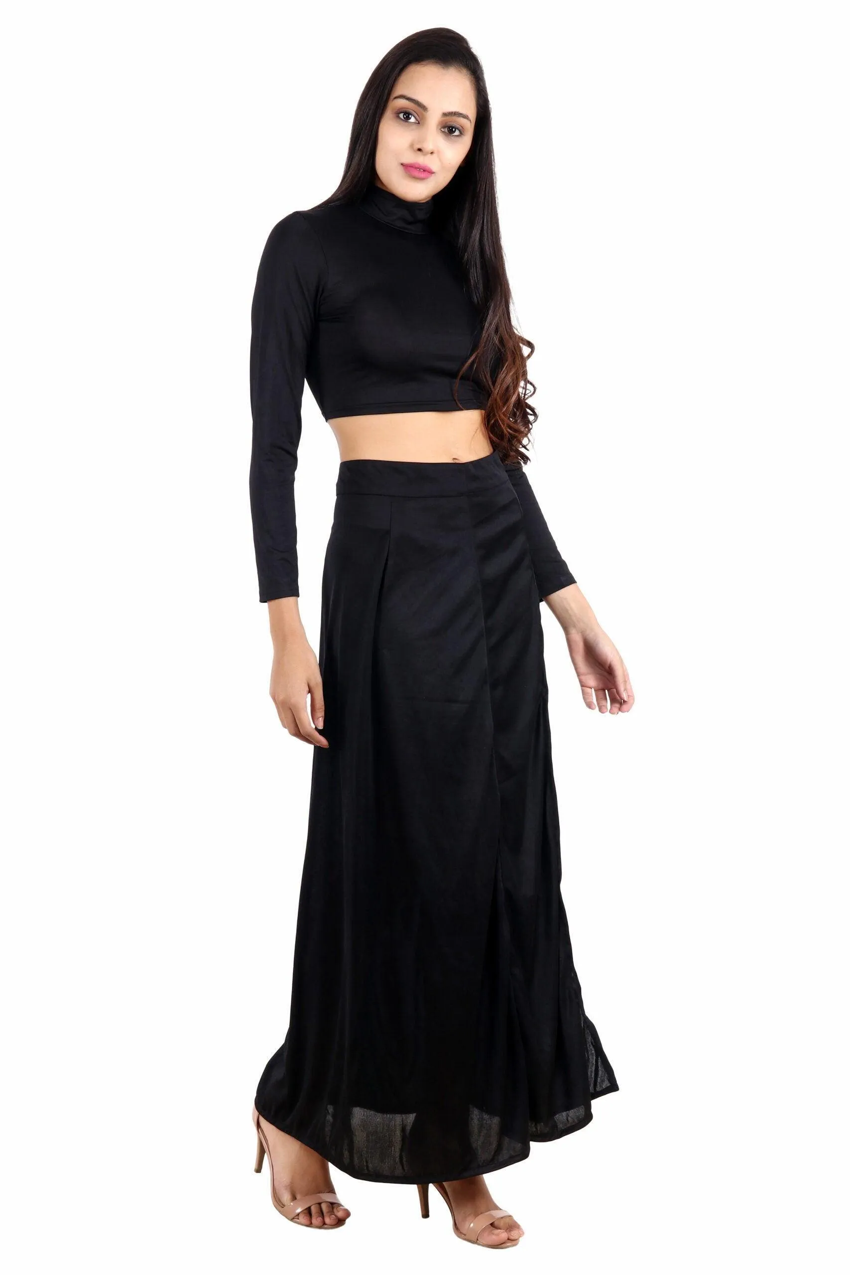 Black Solid Criss Cross Top with Slit Skirt