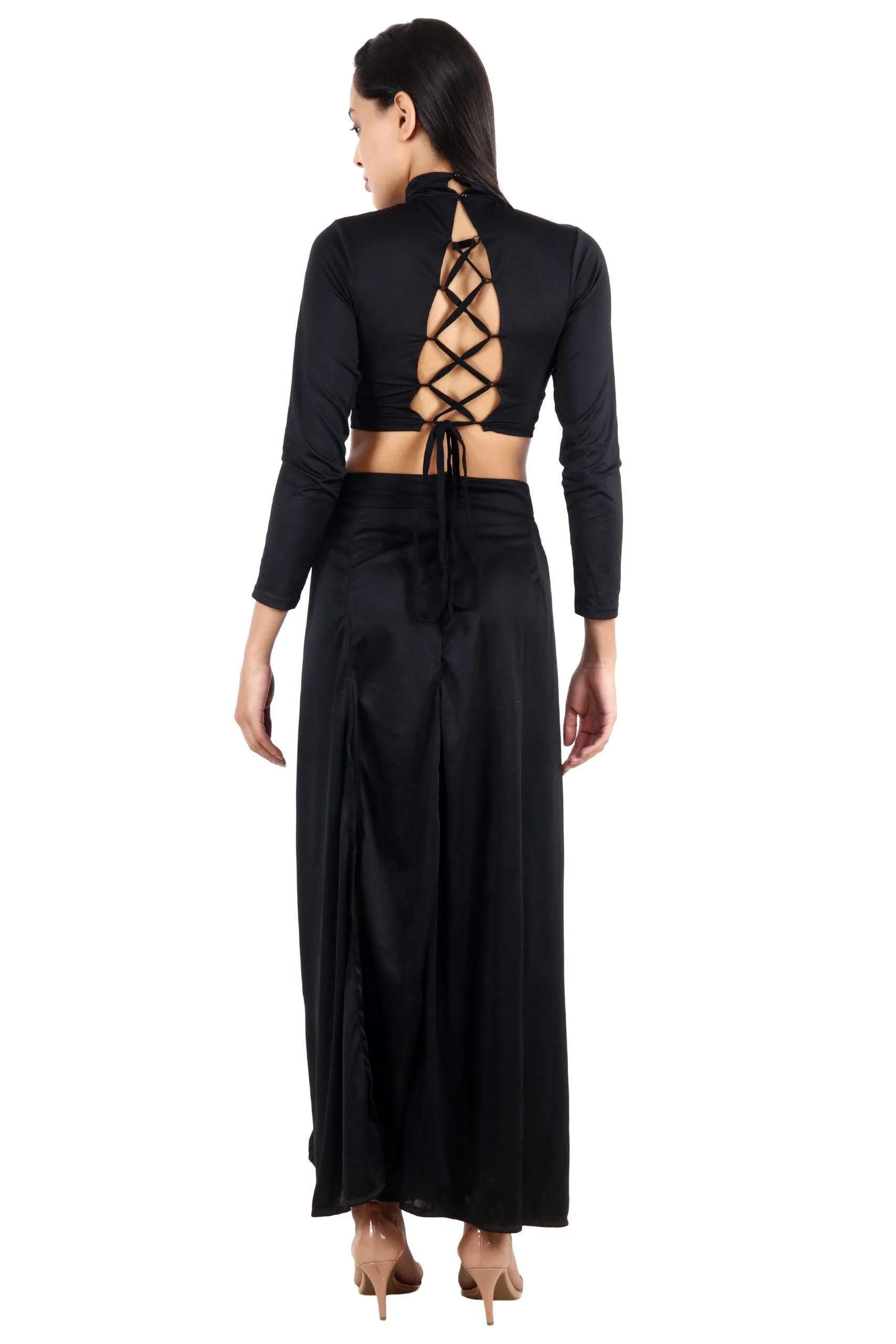 Black Solid Criss Cross Top with Slit Skirt