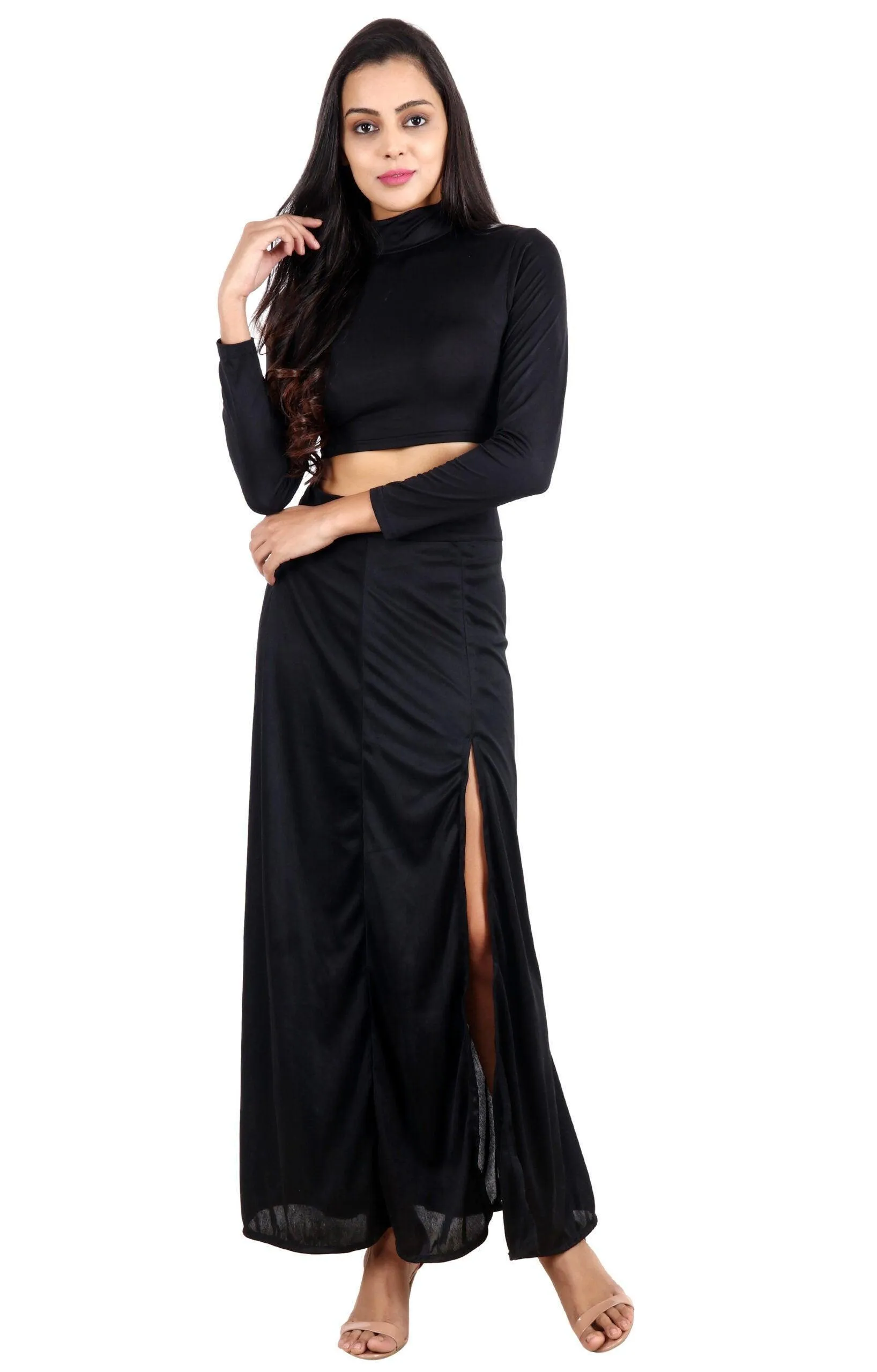 Black Solid Criss Cross Top with Slit Skirt