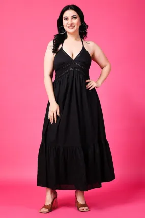 Black Solid Halter Neck Maxi Dress with Lace