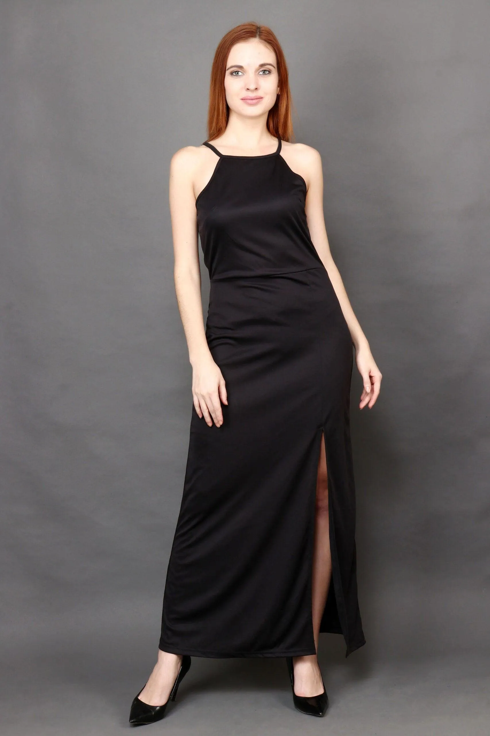 Black Solid Maxi Dress with Slit